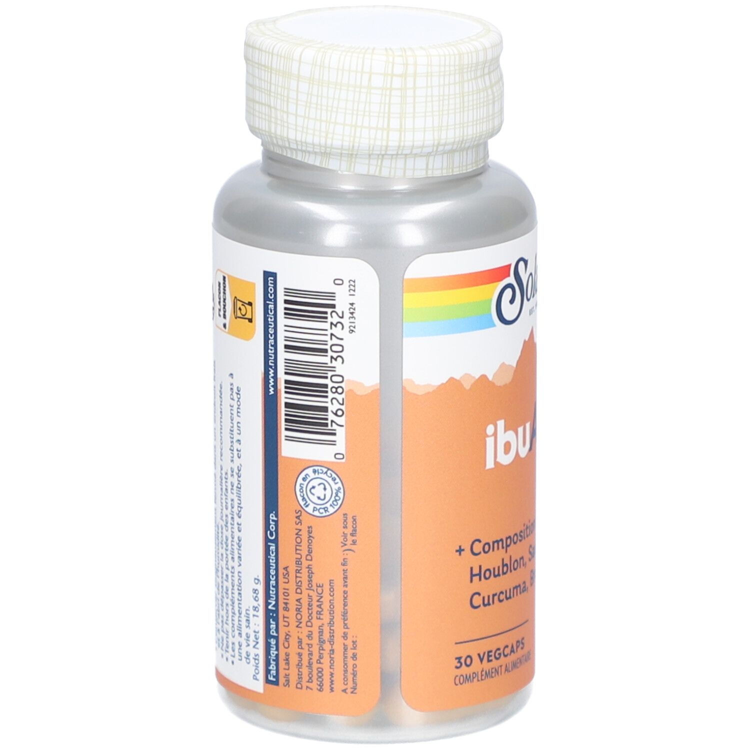 Dos du flacon de gélules. Contient des informations sur le fabricant, les ingrédients et les valeurs nutritionnelles. Avec code-barres et certifications.