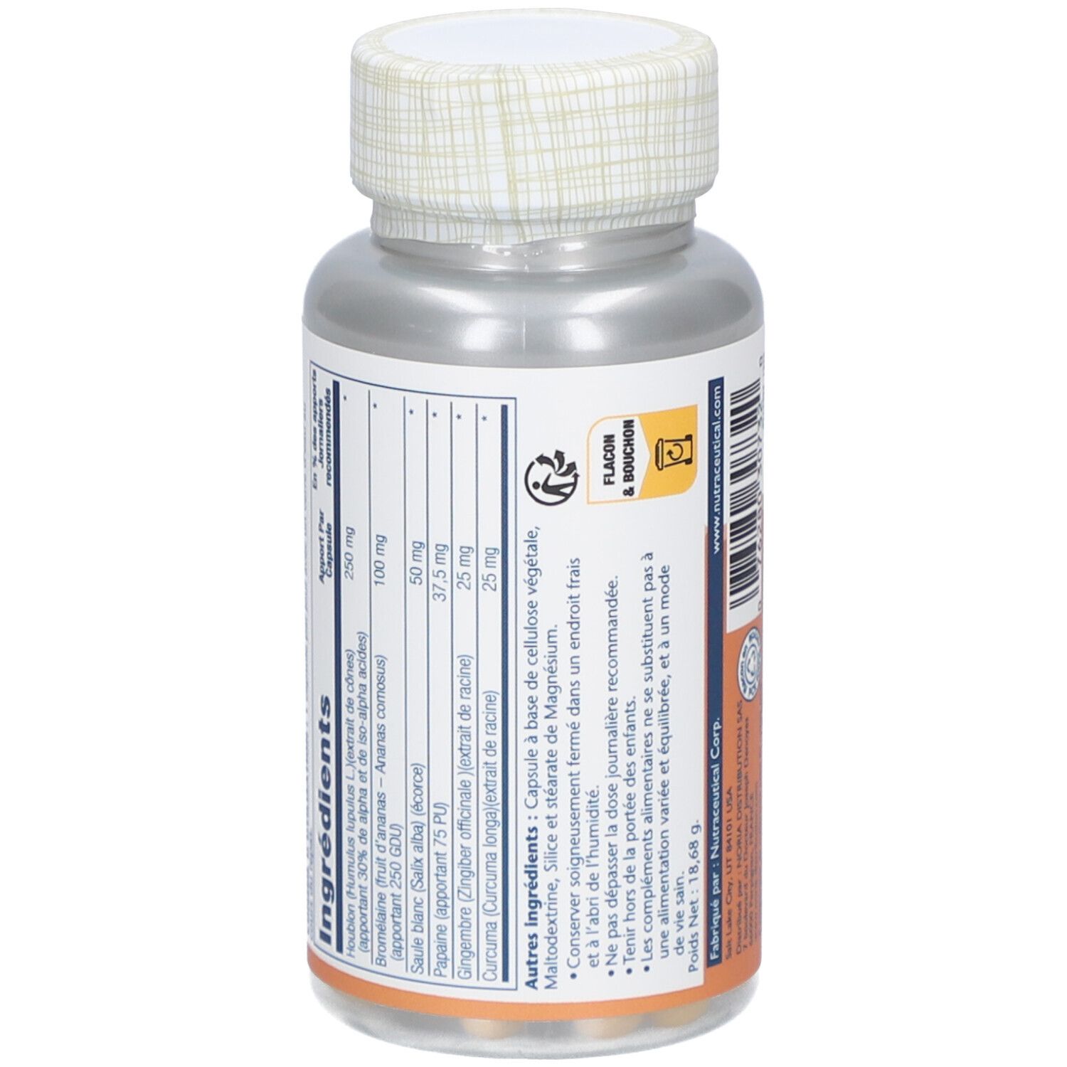 Dos du flacon de gélules. Contient la liste des ingrédients et d'autres informations. Avec le symbole Flacon & Bouchon.