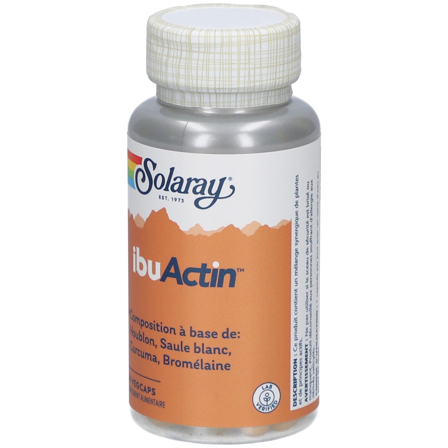 Flacon de gélules à bouchon blanc. Inscriptions: Solaray, IbuActin. Contient houblon, saule blanc, curcuma, bromélaïne. 30 Vegicaps. Avec certification.