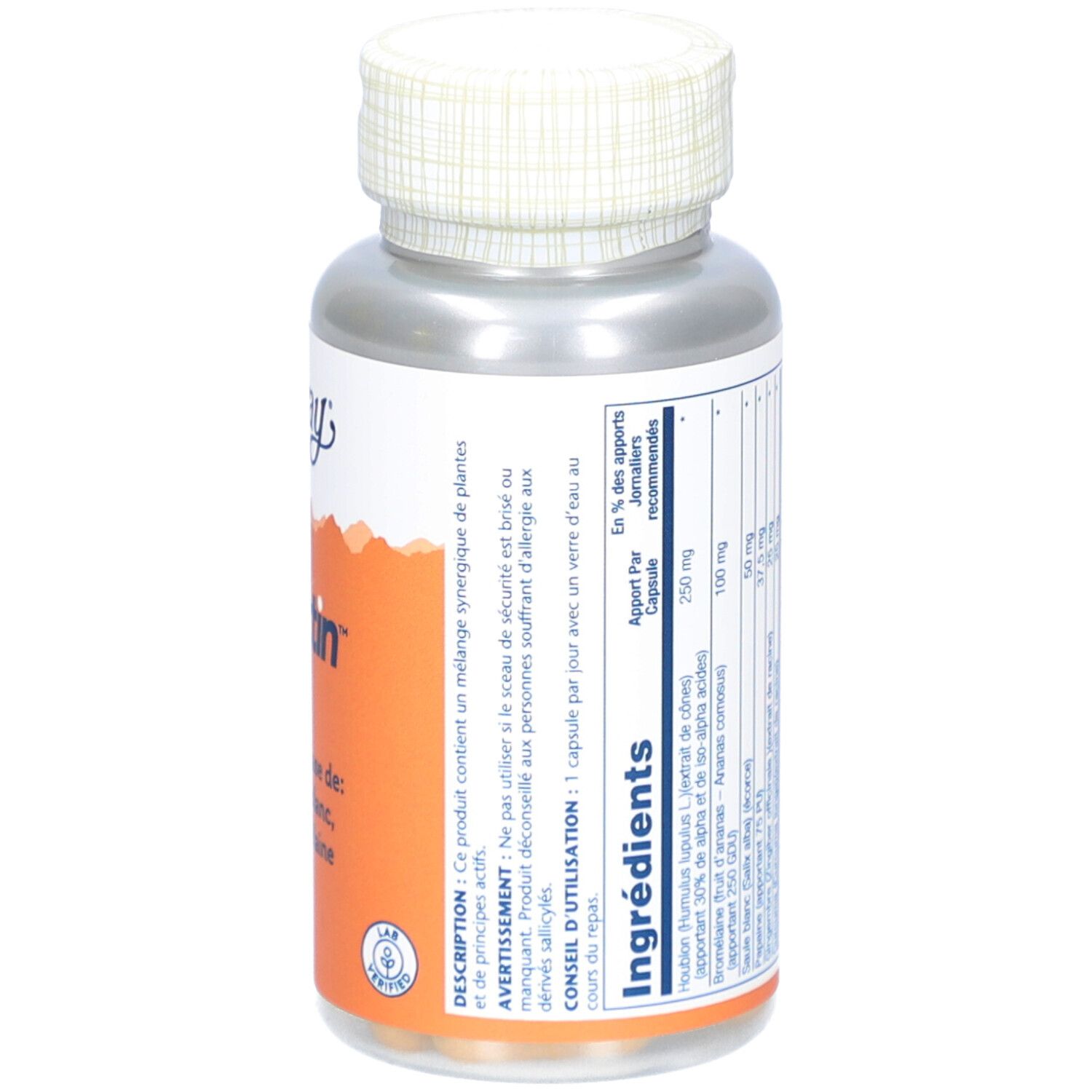 Dos du flacon de gélules. Contient la liste des ingrédients et les valeurs nutritionnelles. Avec recommandation de dosage et certifications.