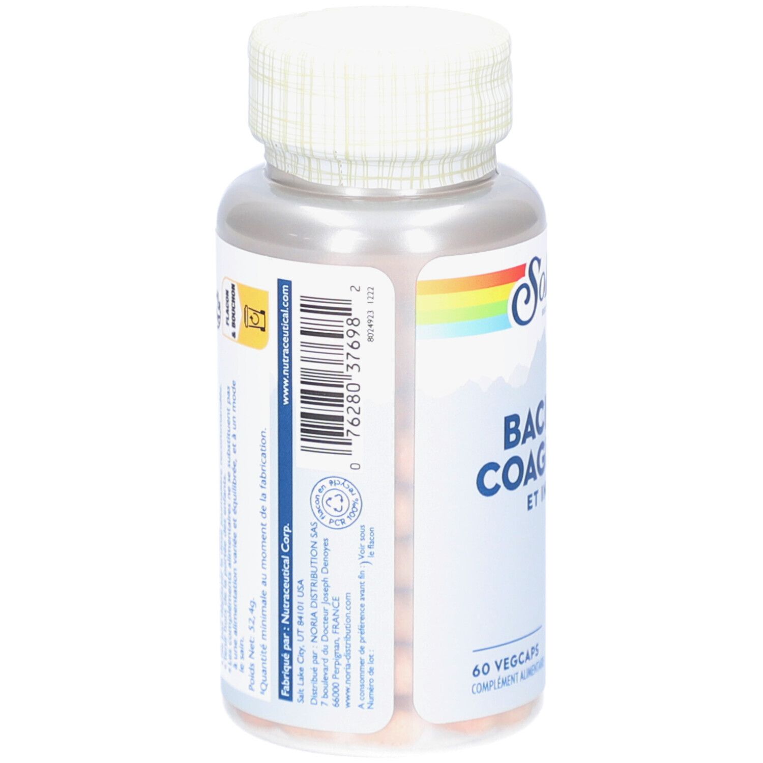 Rückseite der Kapselbehälter. Barcode, Herstellerinformationen, Logo. Enthält 60 Kapseln.