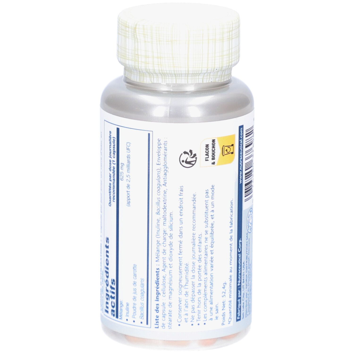 Rückseite der Kapselbehälter. Zutatenliste, Informationen zur Anwendung und Lagerung. Enthält 60 Kapseln.