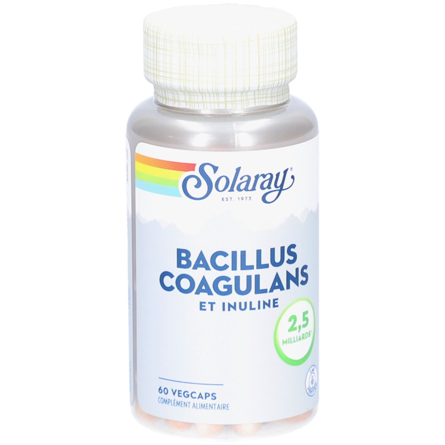Kapselbehälter mit Aufschrift Solaray, Bacillus Coagulans und Inuline. 60 Vegcaps. Regenbogen-Logo.
