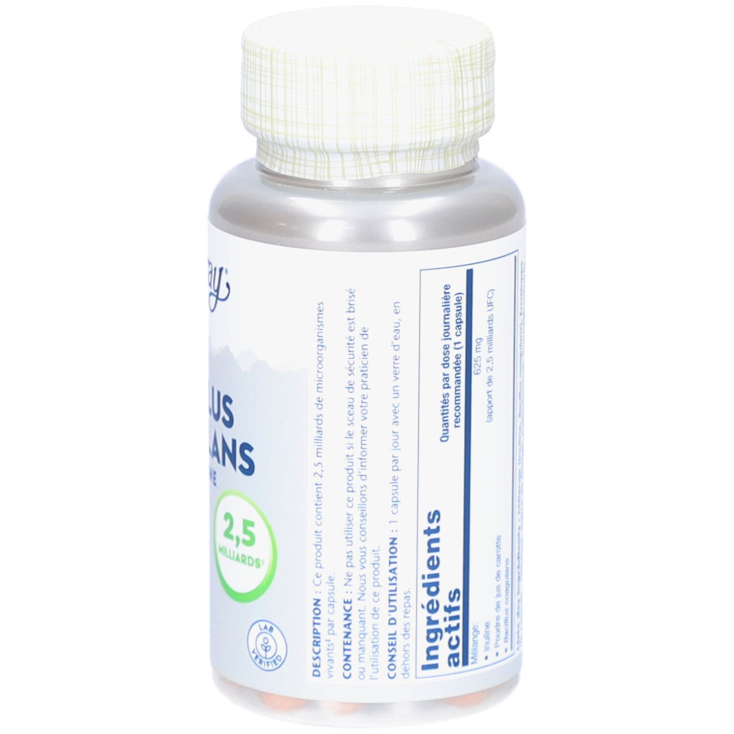 Kapselbehälter mit Aufschrift Solaray, Bacillus Coagulans und Inuline. 60 Vegcaps. Regenbogen-Logo.