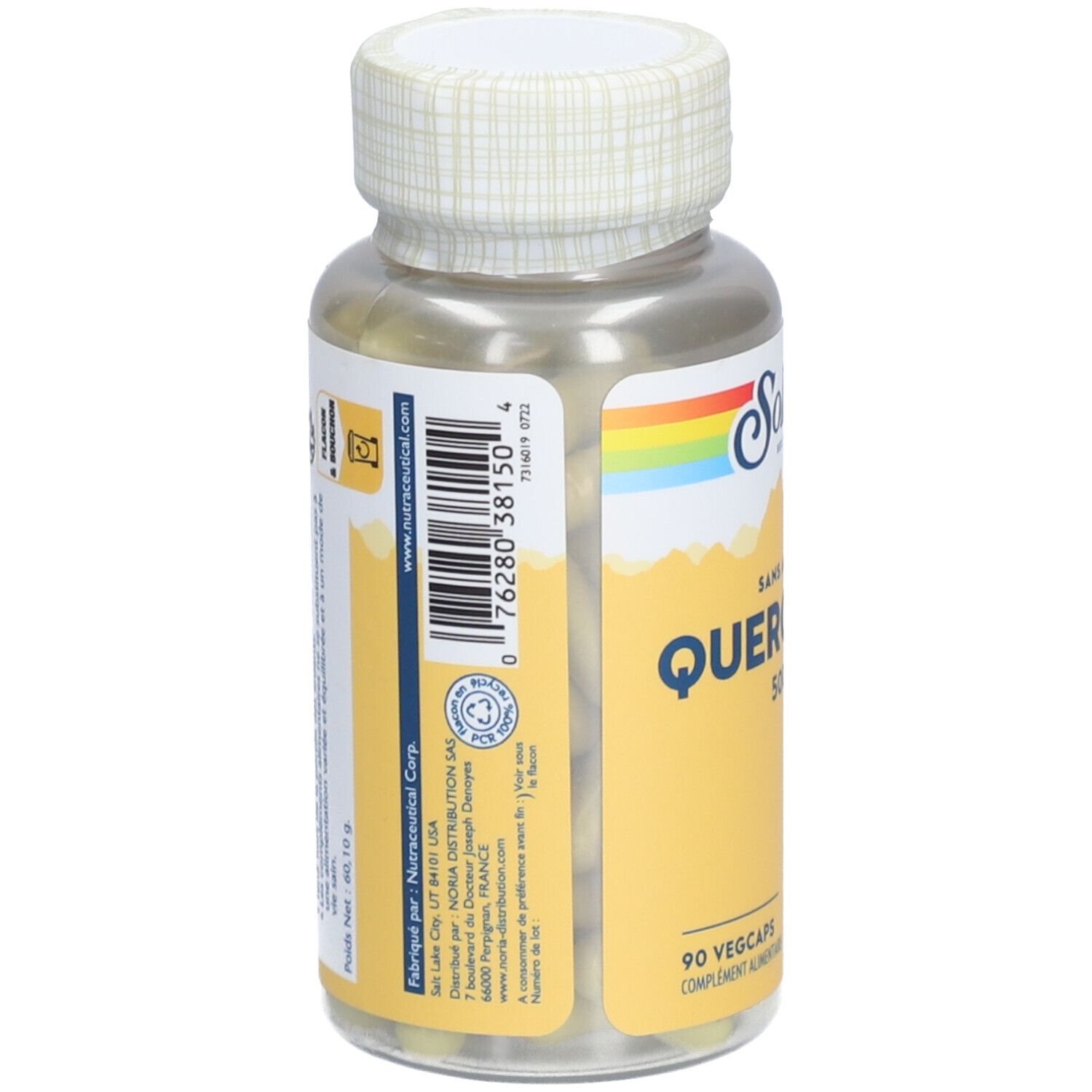 Dos du flacon avec étiquette jaune. Contient des informations sur le fabricant et les ingrédients.