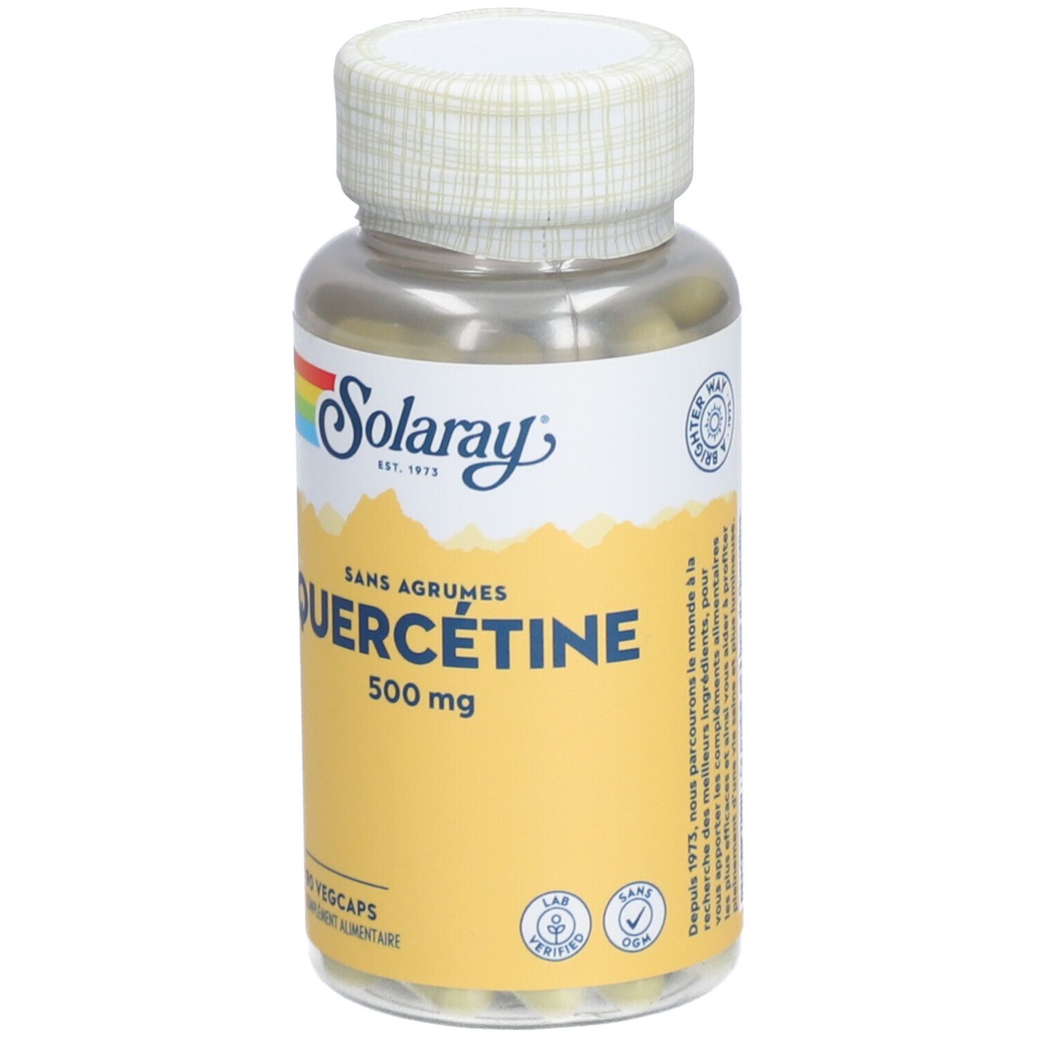 Flacon transparent avec étiquette jaune. Inscription : Quercétine 500 mg, 90 Vegcaps. Marque : Solaray.
