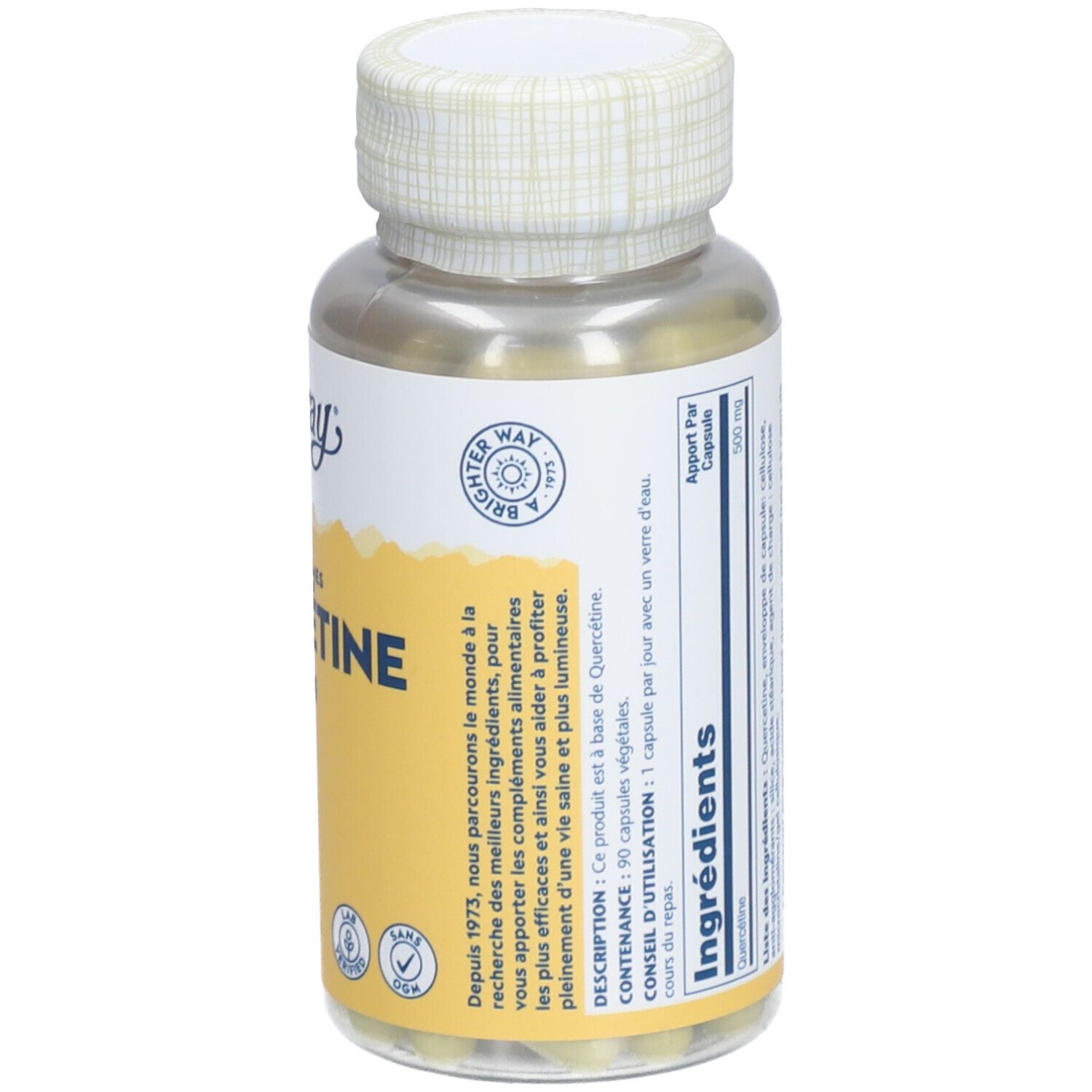 Dos du flacon avec étiquette jaune. Contient des informations sur les ingrédients et l'utilisation.