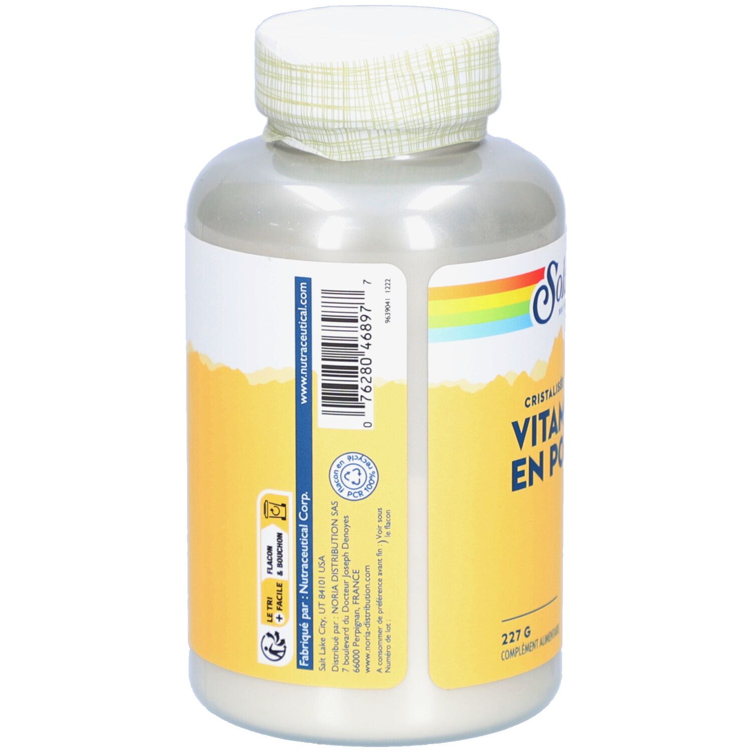 Rückseite des weißen Supplement-Behälters. Enthält Informationen über die Inhaltsstoffe und die Nährwertangaben. Marke: Solaray.