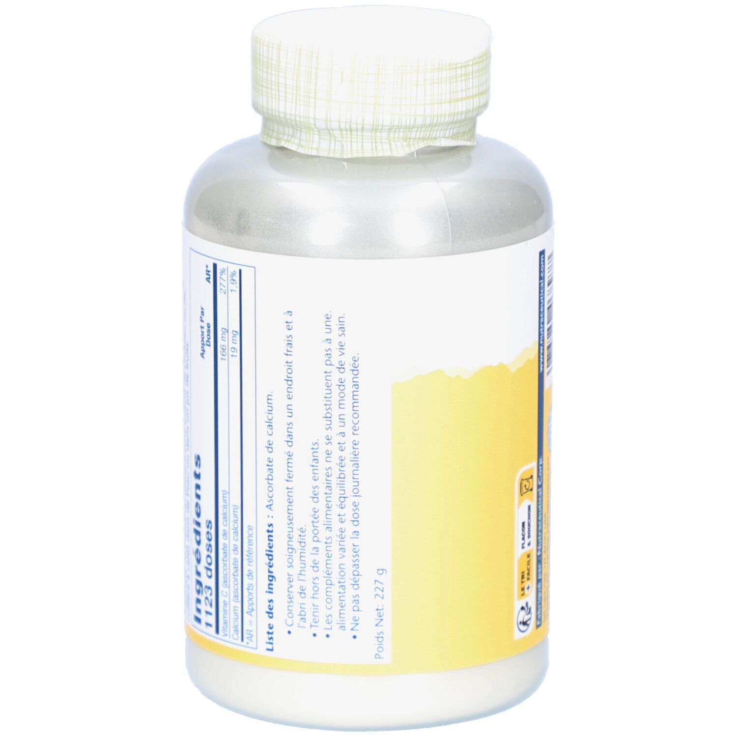 Rückseite des weißen Supplement-Behälters. Enthält Informationen über die Inhaltsstoffe und die Nährwertangaben. Marke: Solaray.