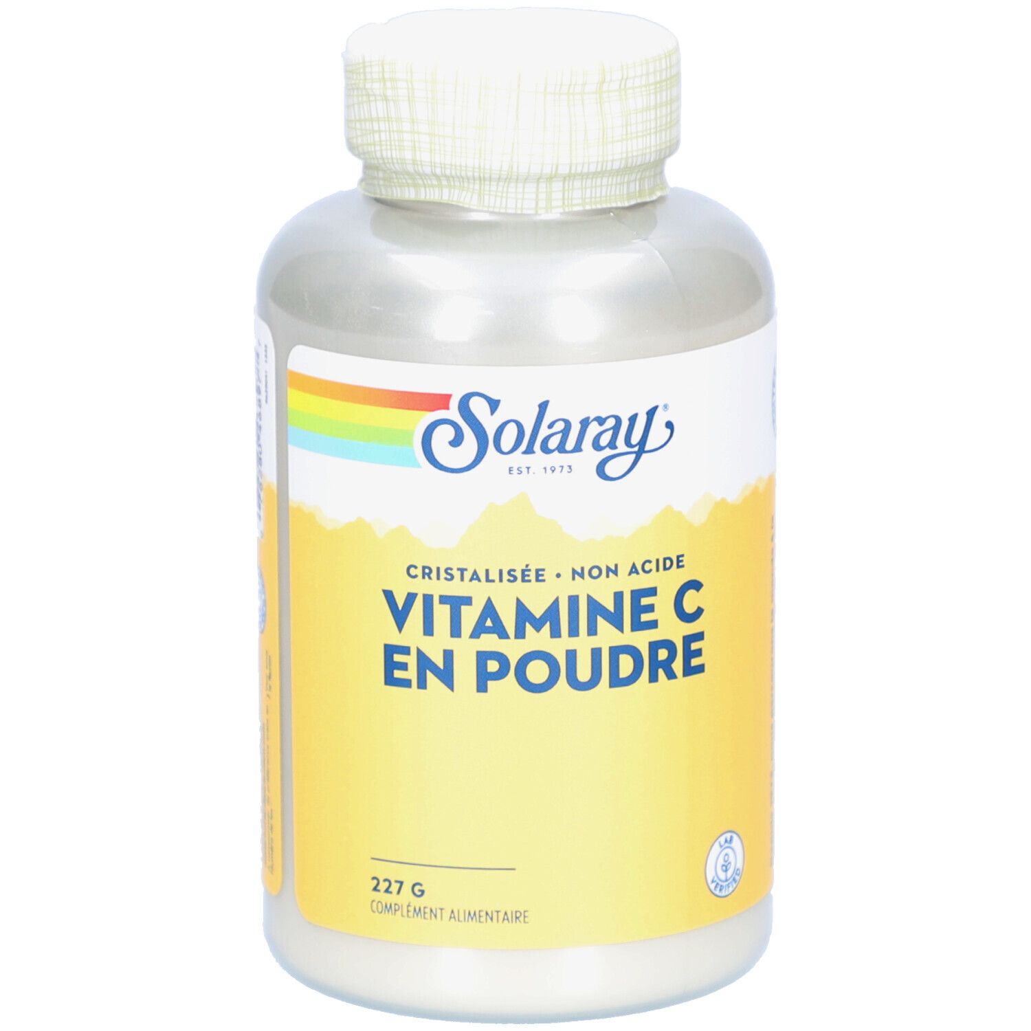 Weißes, zylindrisches Supplement-Behälter mit Schraubverschluss. Aufschrift: Vitamin C en Poudre. Marke: Solaray.
