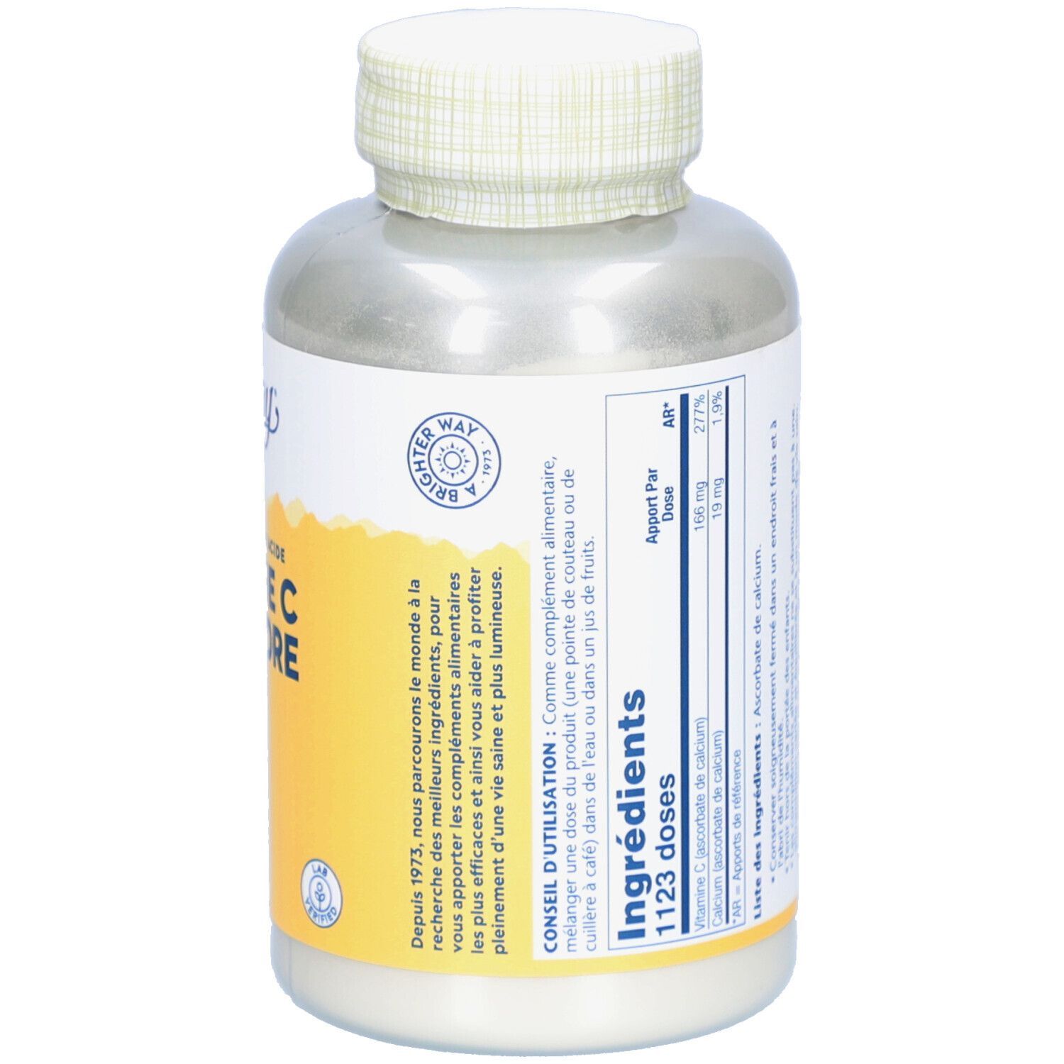 Rückseite des weißen Supplement-Behälters. Enthält Informationen über die Inhaltsstoffe und die Nährwertangaben. Marke: Solaray.