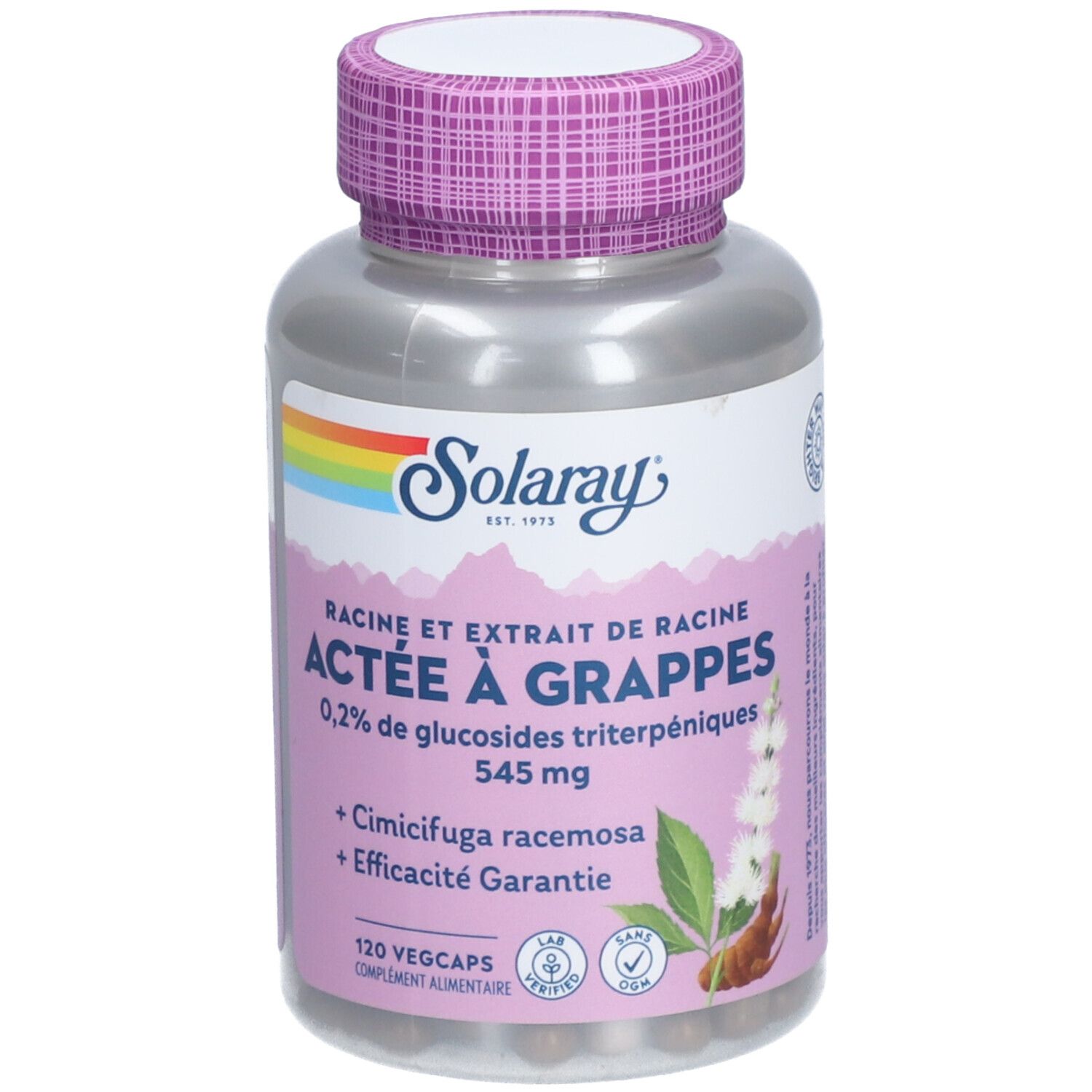 Flacon de gélules ACTEE À GRAPPES. Contient 120 Vegcaps. Marque SOLARAY. Bouchon violet, flacon gris.