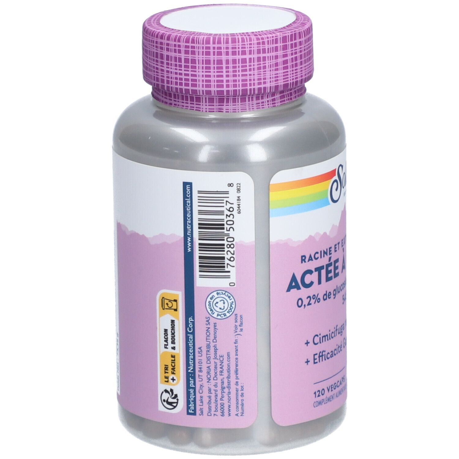 Dos du flacon de gélules. Contient des informations et un code-barres. Marque SOLARAY. Bouchon violet, flacon gris.