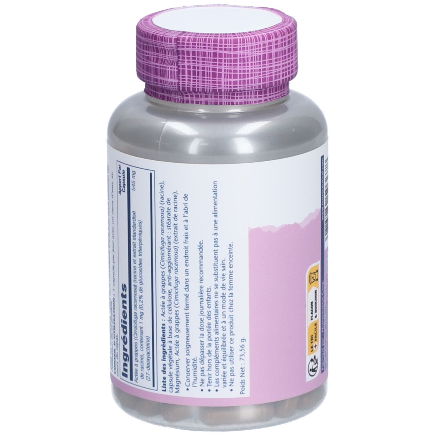 Dos du flacon de gélules avec ingrédients. Marque SOLARAY. Bouchon violet, flacon gris.