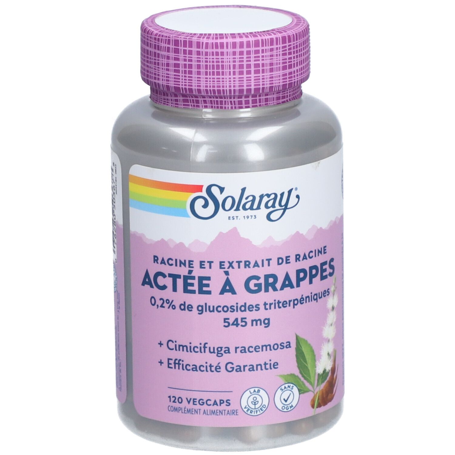 Flacon de gélules ACTEE À GRAPPES. Contient 120 Vegcaps. Marque SOLARAY. Bouchon violet, flacon gris.