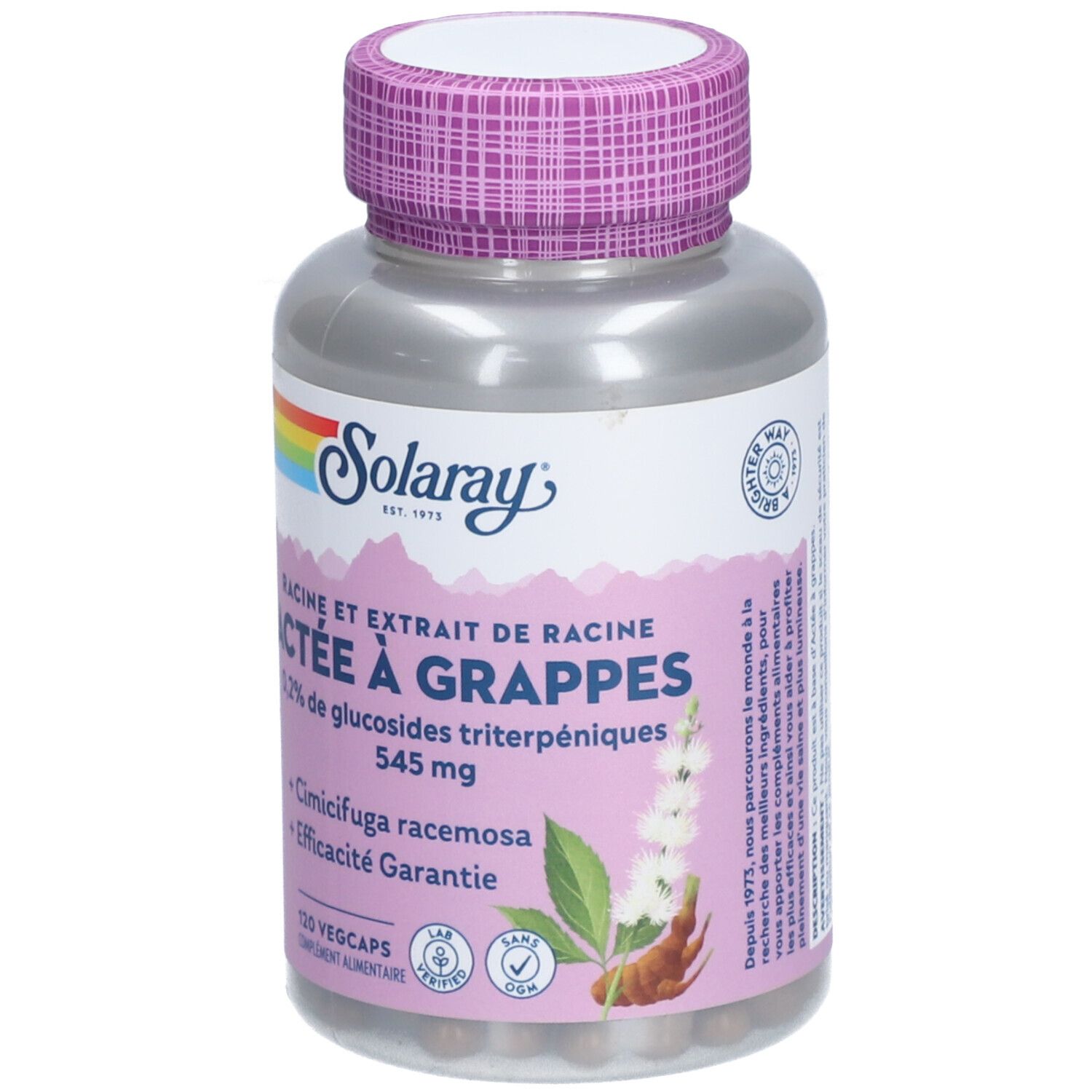 Flacon de gélules ACTEE À GRAPPES. Contient 120 Vegcaps. Marque SOLARAY. Bouchon violet, flacon gris.