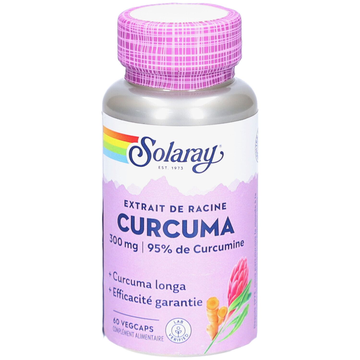 Zylindrische Flasche mit rosa Deckel. Aufschrift: SOLARAY CURCUMA, 300 mg, 60 Vegicaps. Regenbogen-Logo.