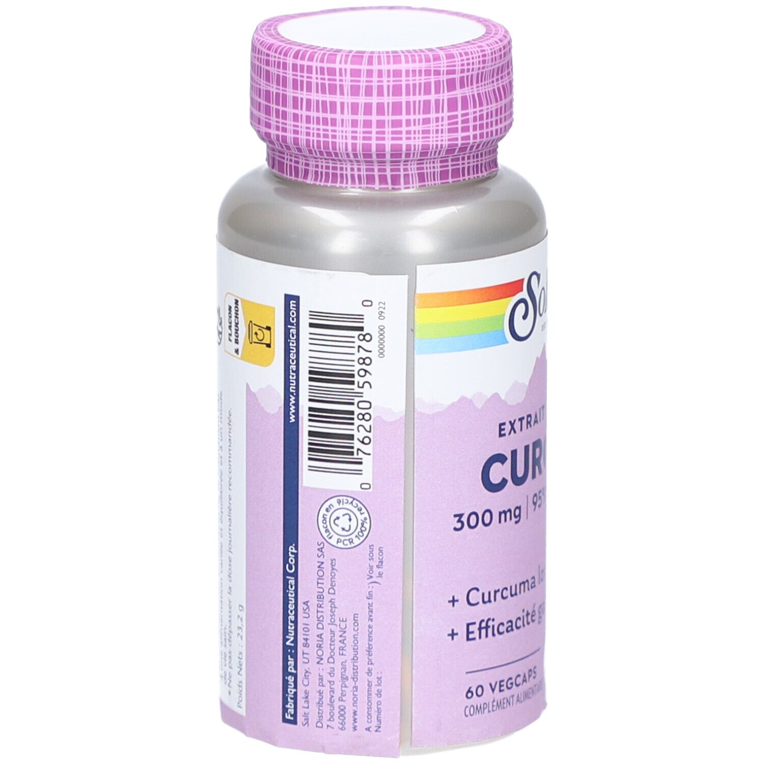 Rückseite der Flasche. Barcode, Text und Logos. SOLARAY-Logo und Informationen.