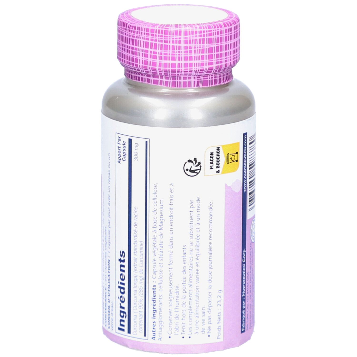 Rückseite der Flasche. Zutatenliste, Dosierung, Warnhinweise. Flasche und Deckel.