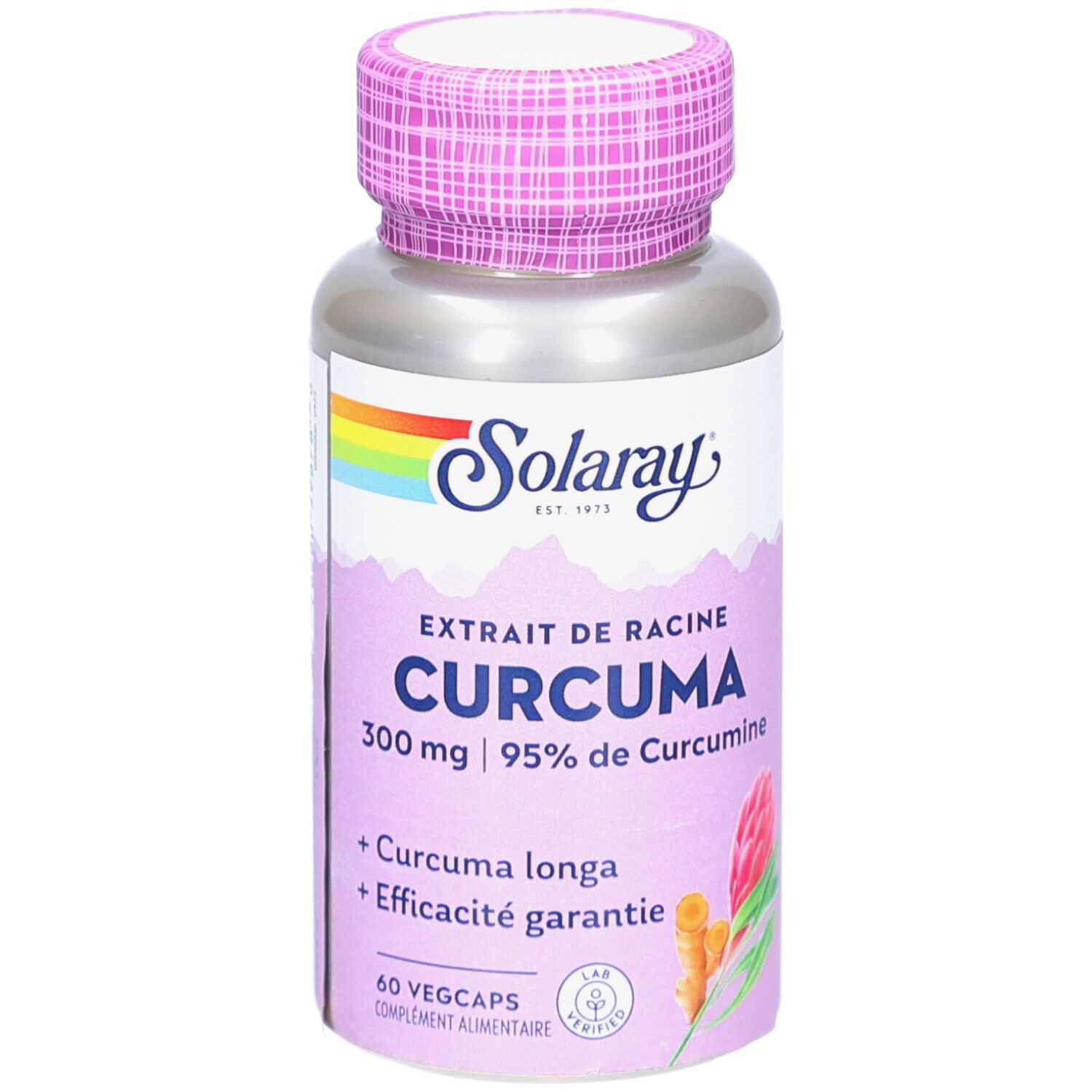 Zylindrische Flasche, rosa Deckel. Aufschrift: SOLARAY CURCUMA, 300 mg, 60 Vegicaps. Regenbogen-Logo.