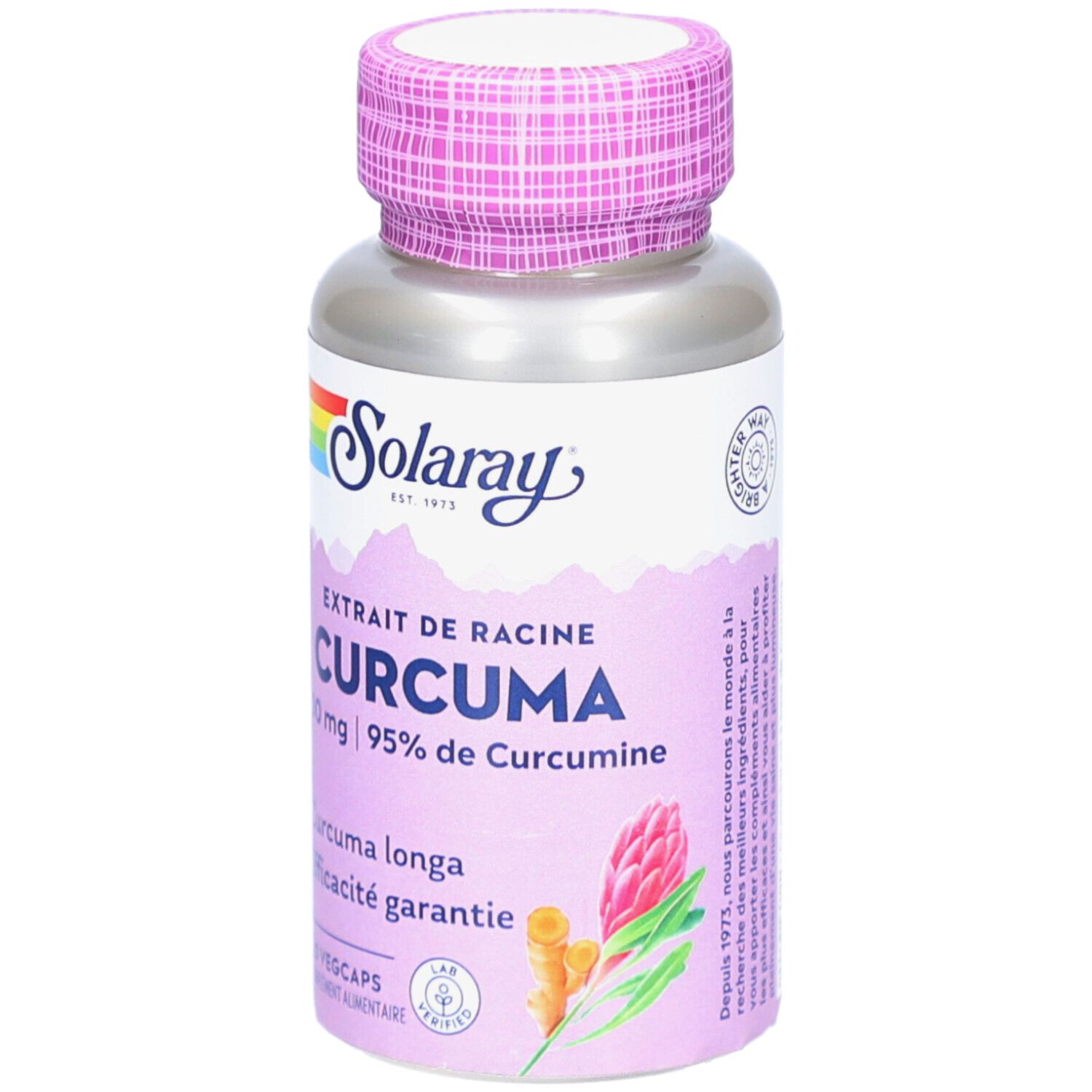 Zylindrische Flasche, rosa Deckel. Aufschrift: SOLARAY CURCUMA, 300 mg, 60 Vegicaps. Regenbogen-Logo.