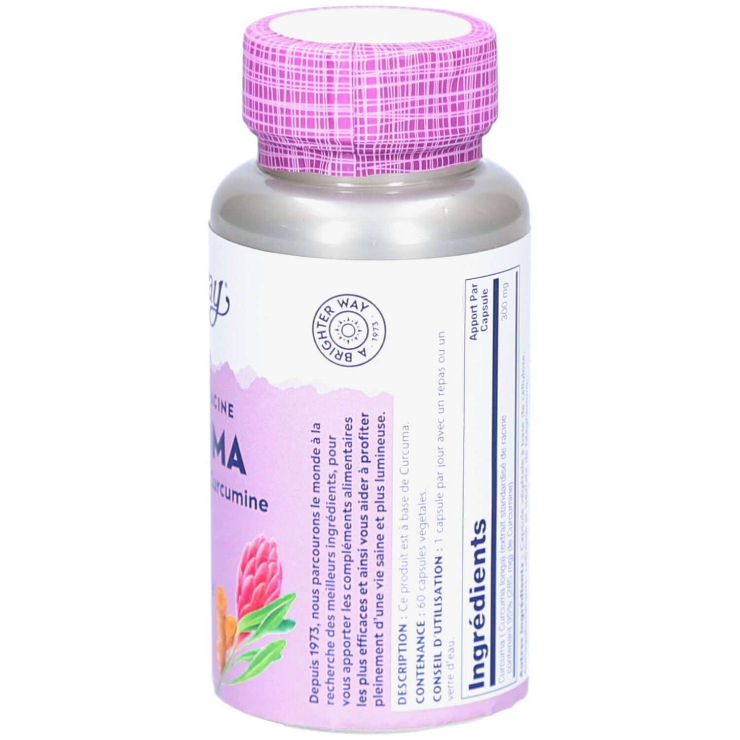 Rückseite der Flasche. Zutatenliste, Dosierung, Warnhinweise. Flasche und Deckel.