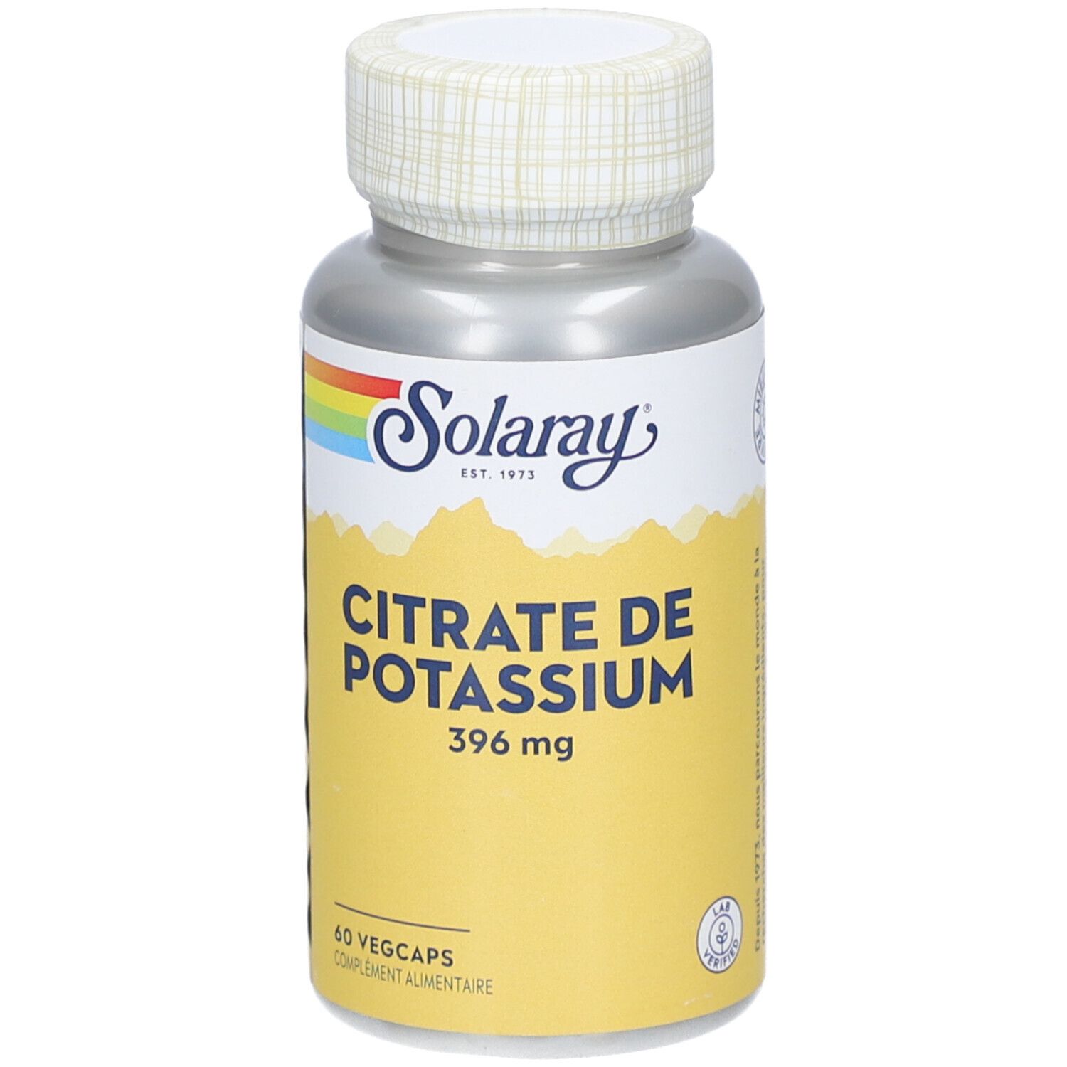 Zylindrische Flasche mit Kapseln. Aufschrift: Citrate de Potassium, 396 mg. 60 Vegcaps. Marke: Solaray.