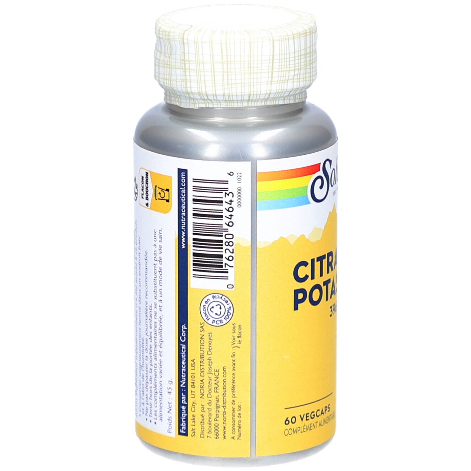 Rückseite der Flasche. Aufschrift: www.nutraceutica.com. Barcode. Marke: Solaray. Text in Französisch.