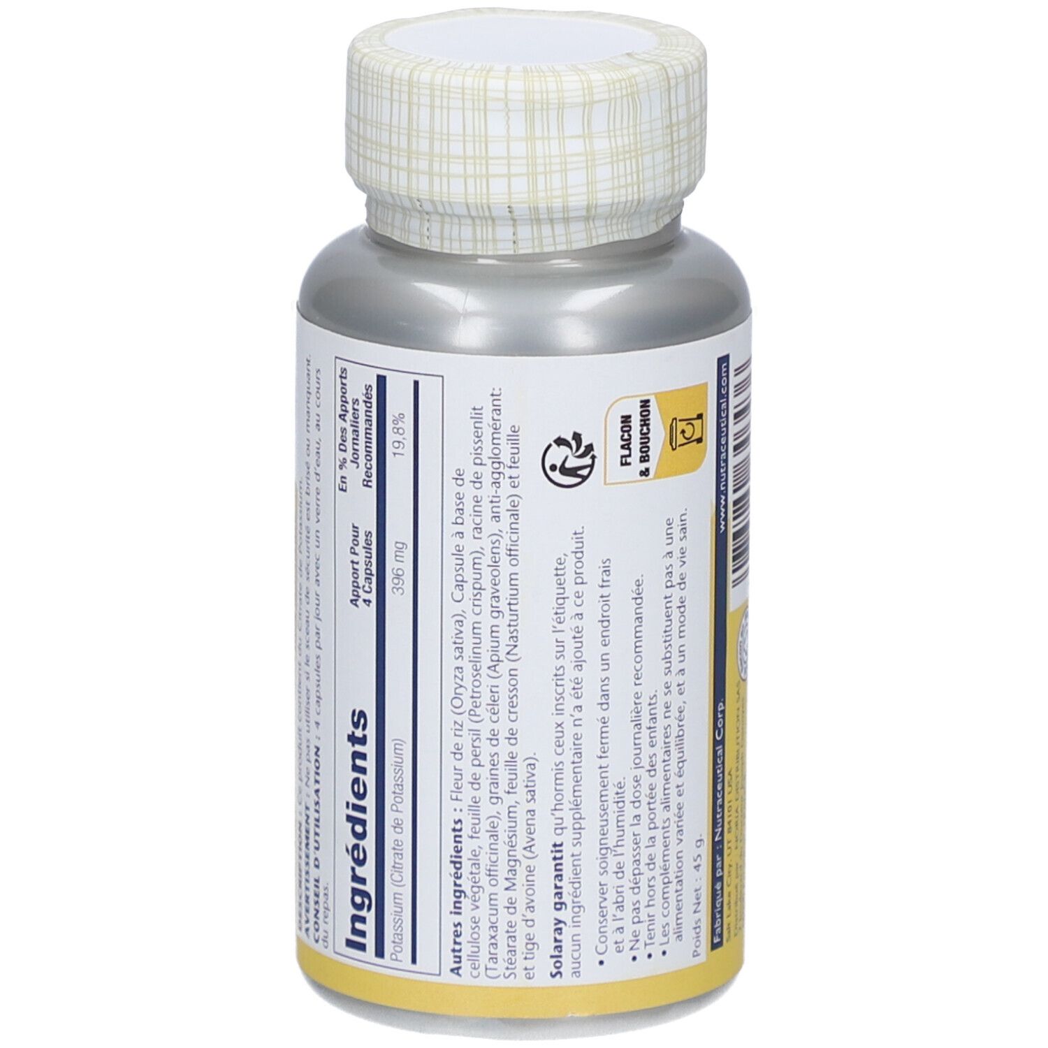 Rückseite der Flasche. Zutatenliste. Text in Französisch. Marke: Solaray. Flasche und Deckel.