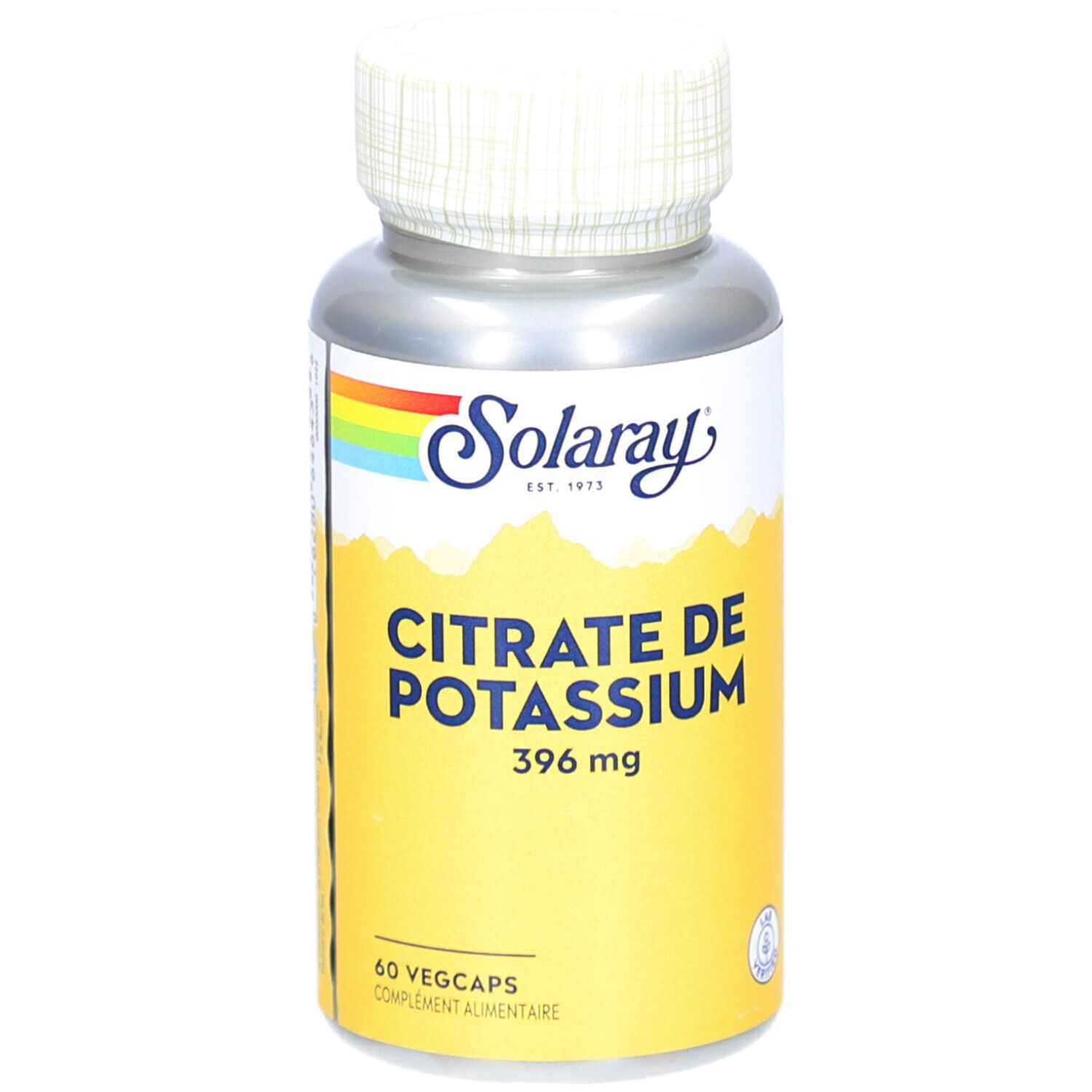 Zylindrische Flasche mit Kapseln. Aufschrift: Citrate de Potassium, 396 mg. 60 Vegcaps. Marke: Solaray.
