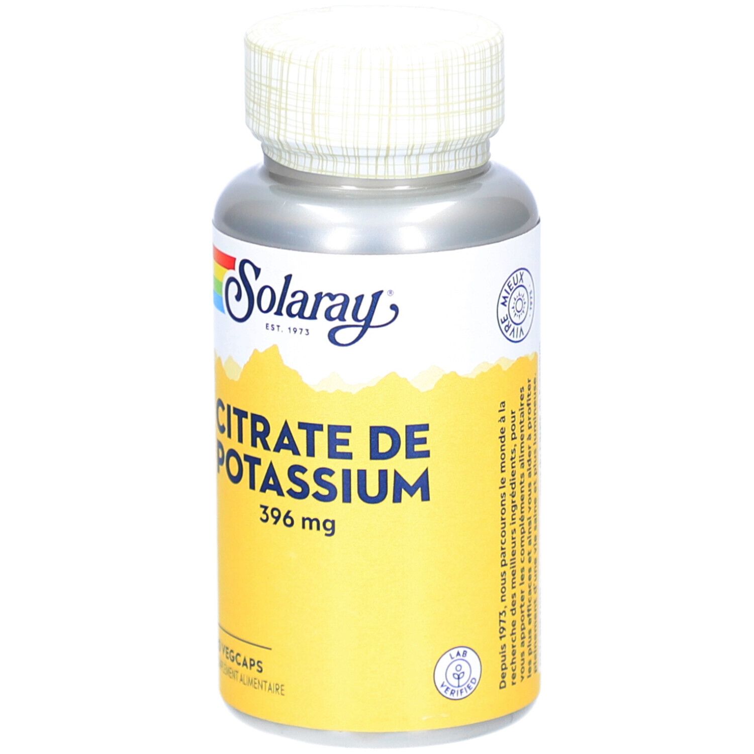 Zylindrische Flasche mit Kapseln. Aufschrift: Citrate de Potassium, 396 mg. 60 Vegcaps. Marke: Solaray.