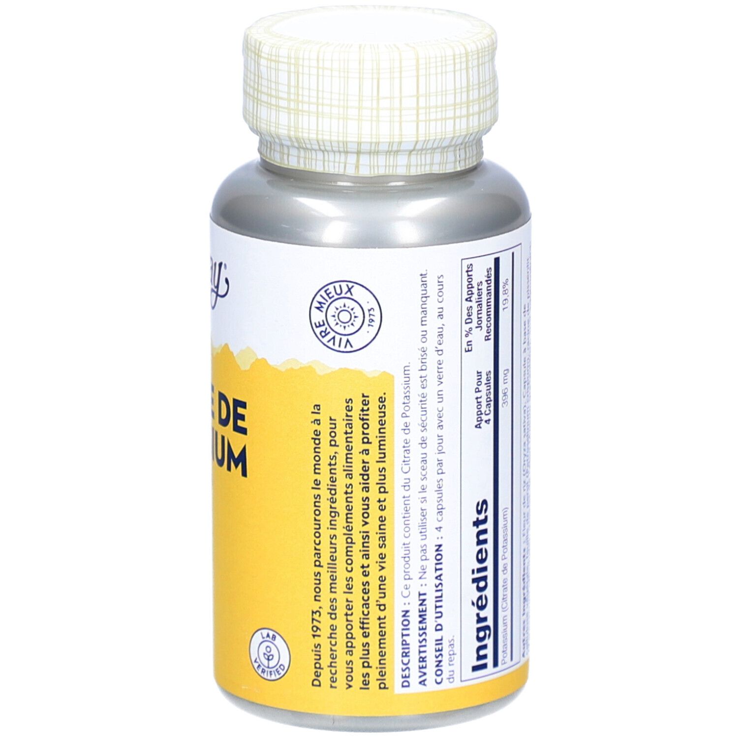 Rückseite der Flasche. Zutatenliste. Text in Französisch. Marke: Solaray. Flasche und Deckel.