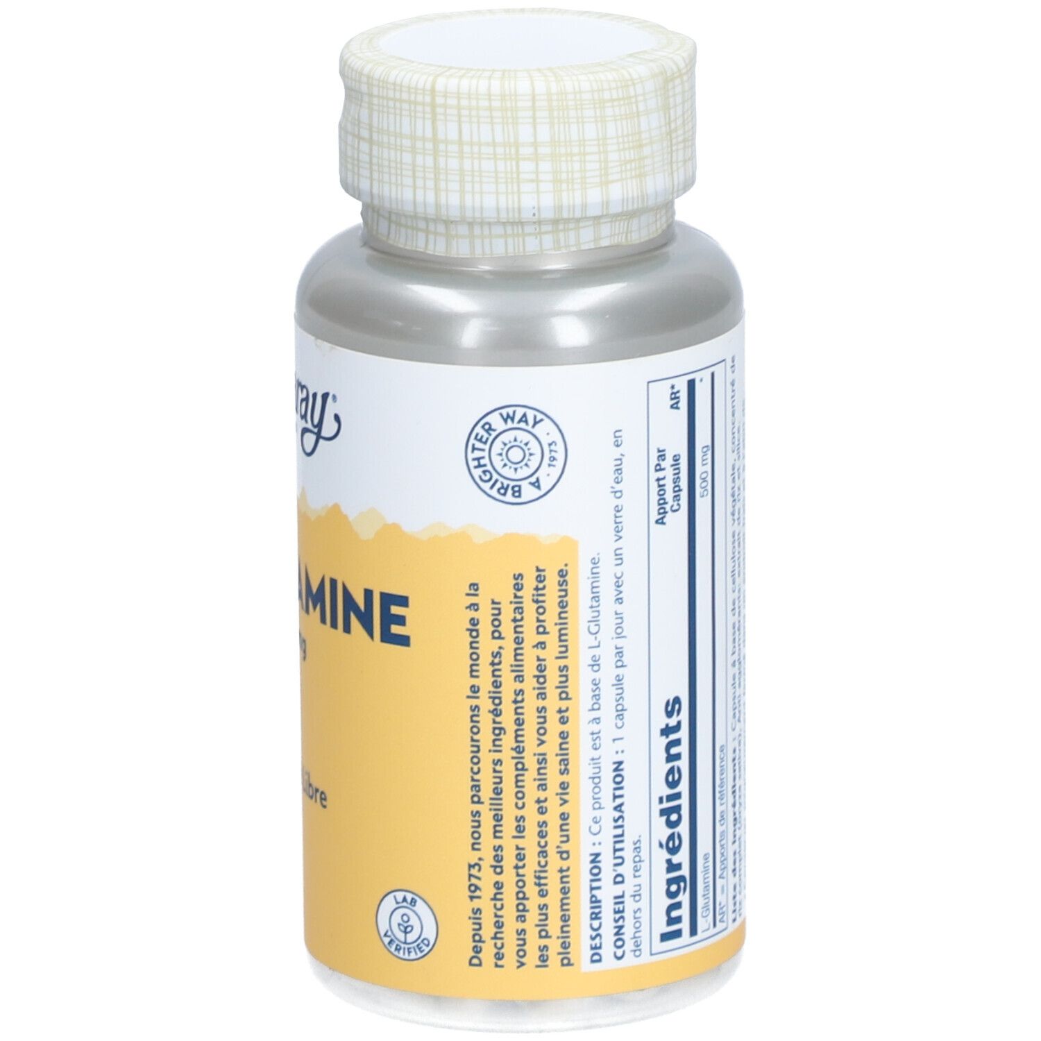 Dos du flacon. Inscription: Solaray, L-Glutamine, 50 Vegcaps. Informations sur les ingrédients et le fabricant.