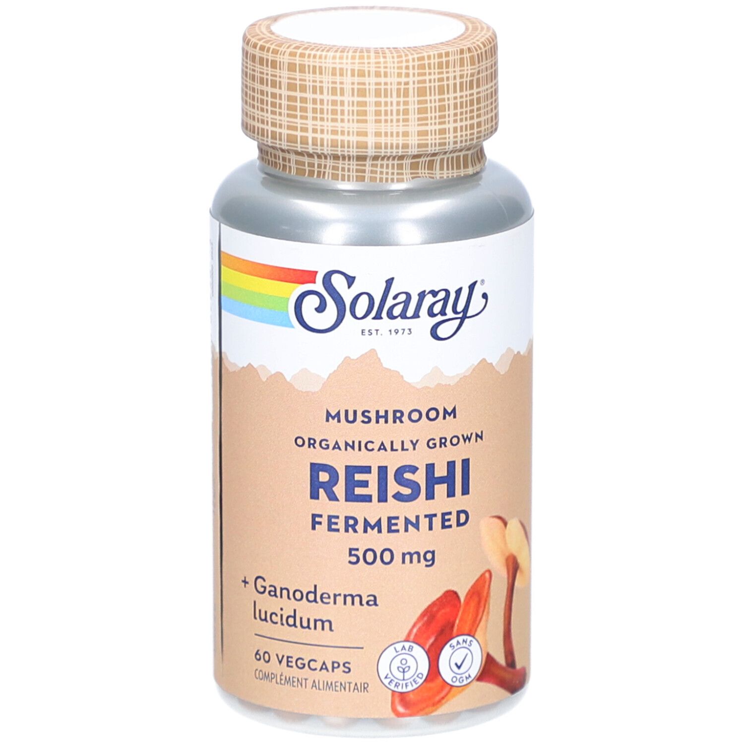 Flacon argenté, étiquette marron. Inscription Reishi 500 mg, 60 Vegcaps. Marque Solaray. Illustration de champignons.