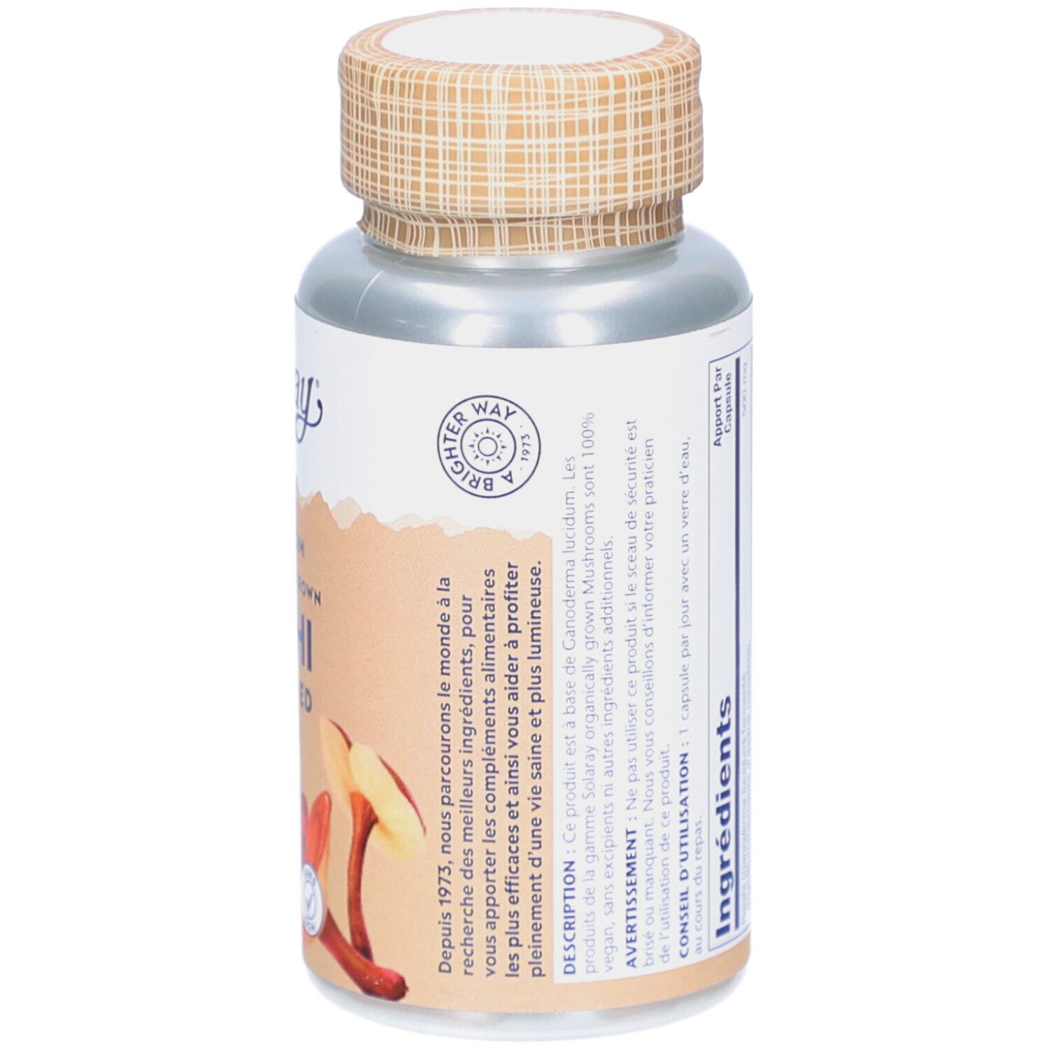 Dos du flacon avec texte. Inscription Reishi 500 mg, 60 Vegcaps. Marque Solaray. Avec informations fabricant.