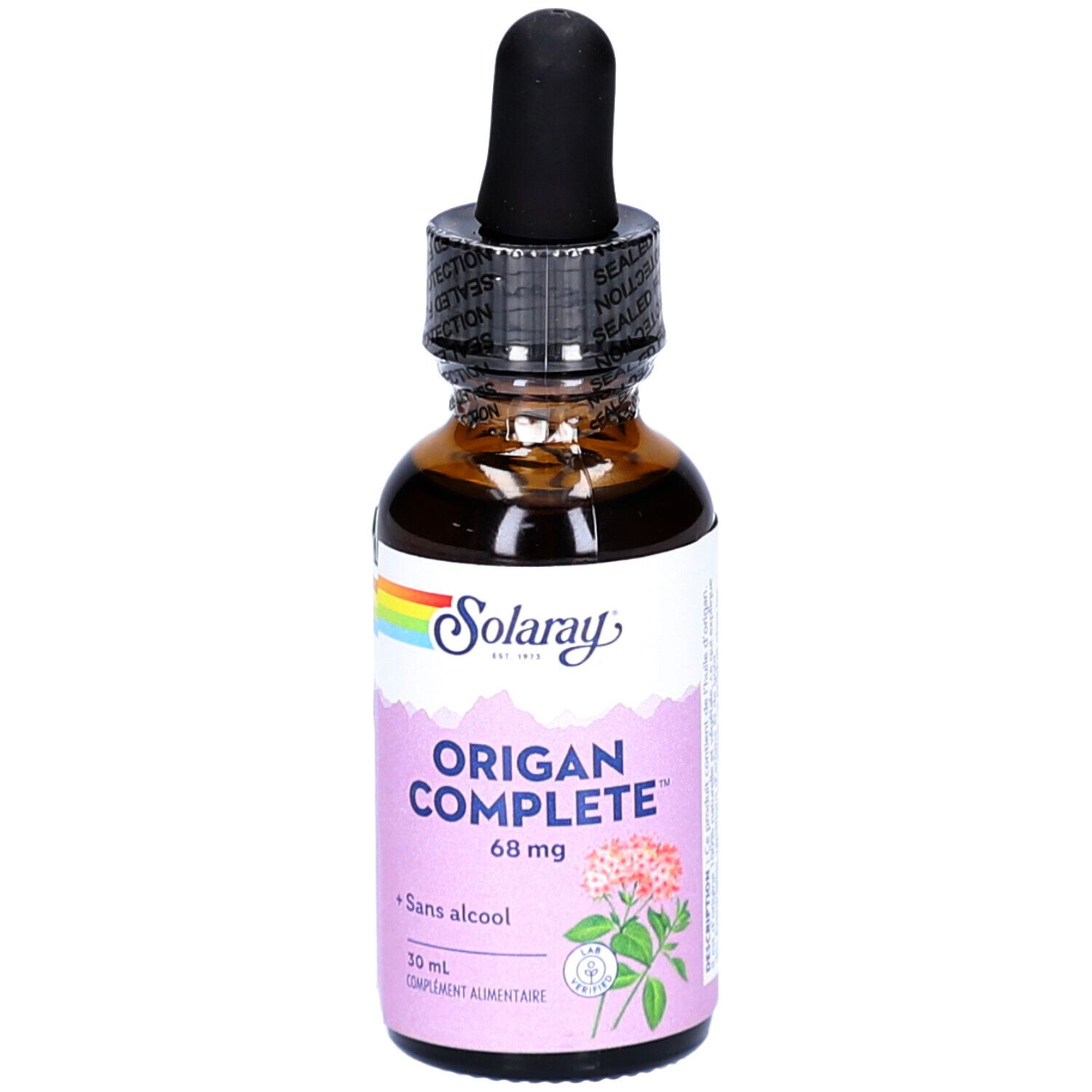 Flacon en verre brun avec compte-gouttes noir. Étiquette "Solaray" et "Origan Complete 68 mg".