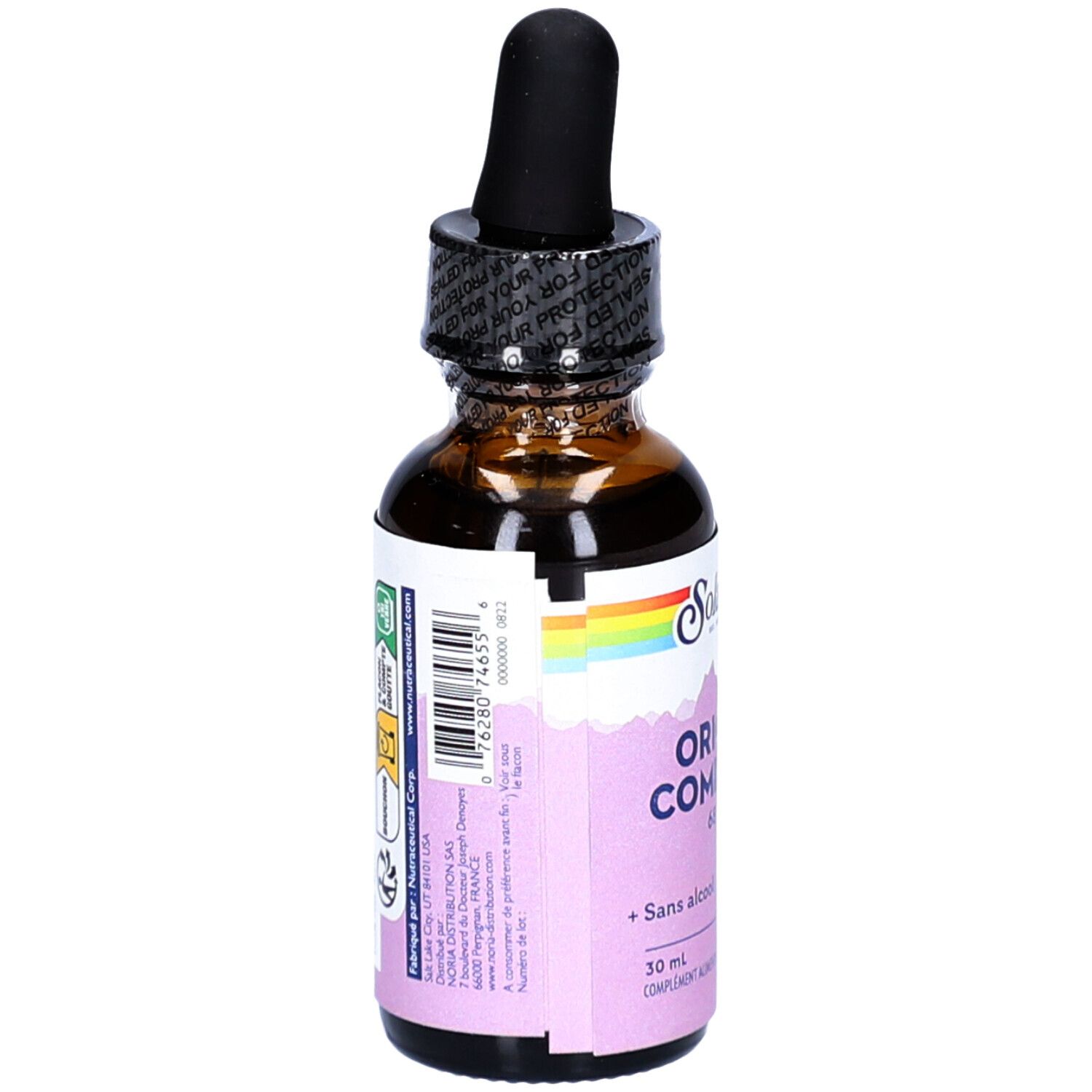 Flacon en verre brun, dos avec étiquette. Informations sur les ingrédients et le fabricant.