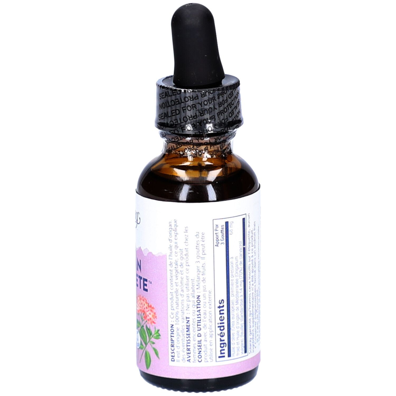 Flacon en verre brun, dos avec étiquette. Informations sur les ingrédients et le fabricant.