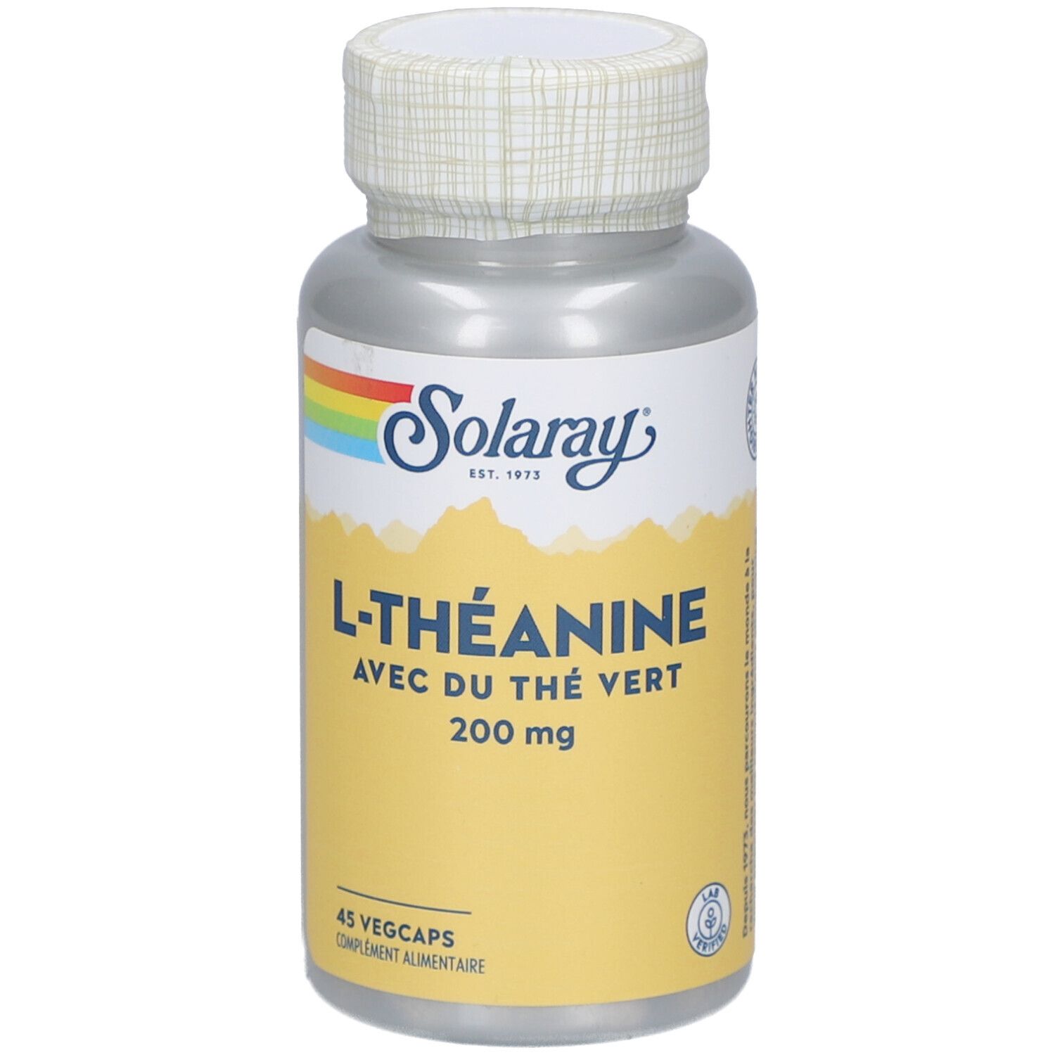 Flacon de SOLARAY L-Théanine 200mg. Contient 45 VegCaps. Inscription: L-Théanine 200 mg.