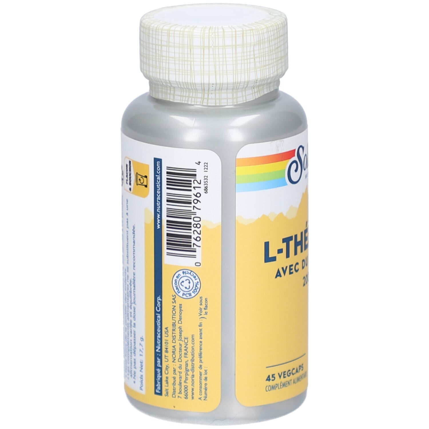 Dos du flacon de gélules. SOLARAY L-Théanine 200mg. Contient 45 VegCaps. Informations sur les ingrédients et le fabricant.