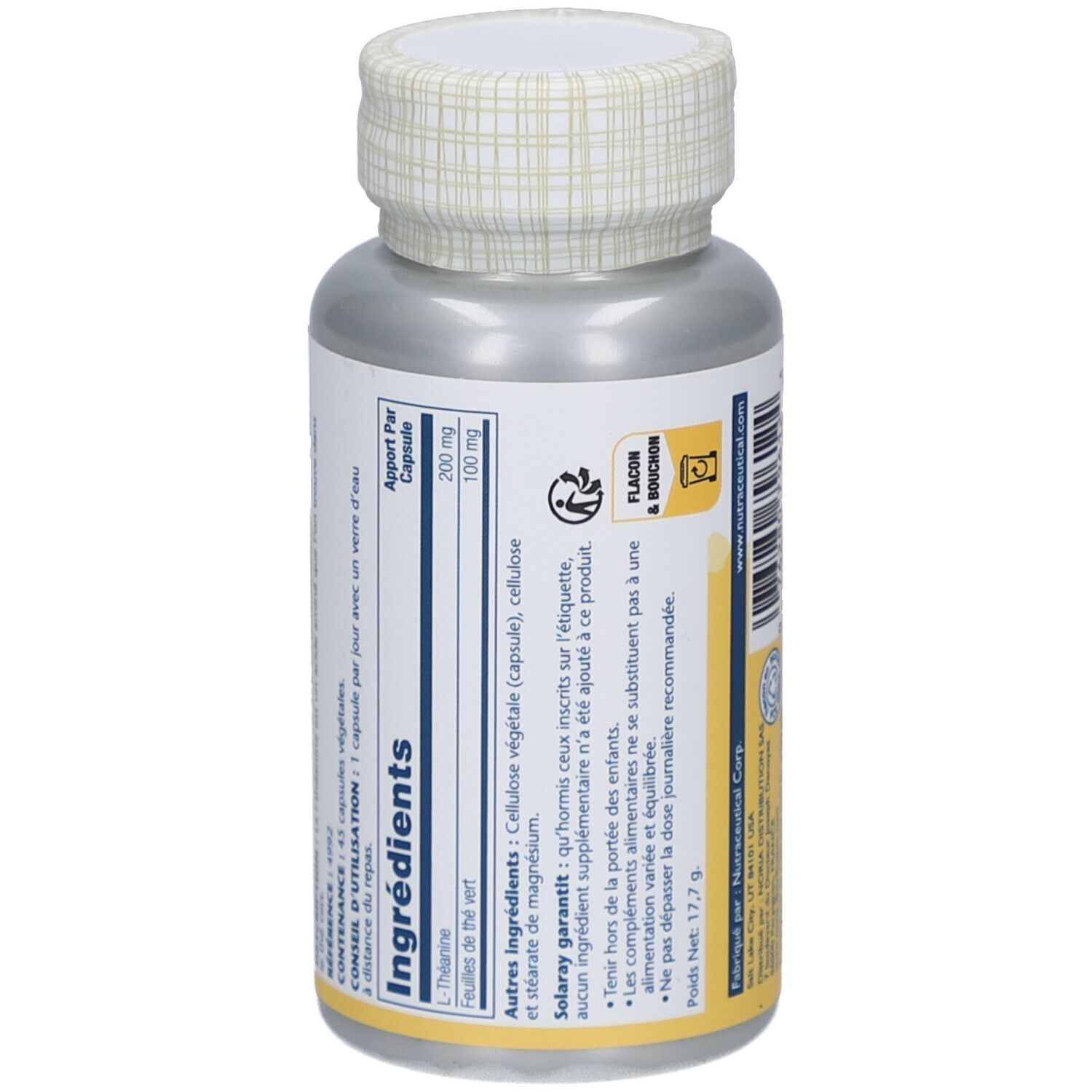 Dos du flacon de gélules. SOLARAY L-Théanine 200mg. Contient 45 VegCaps. Liste des ingrédients: L-Théanine, feuilles de thé vert.