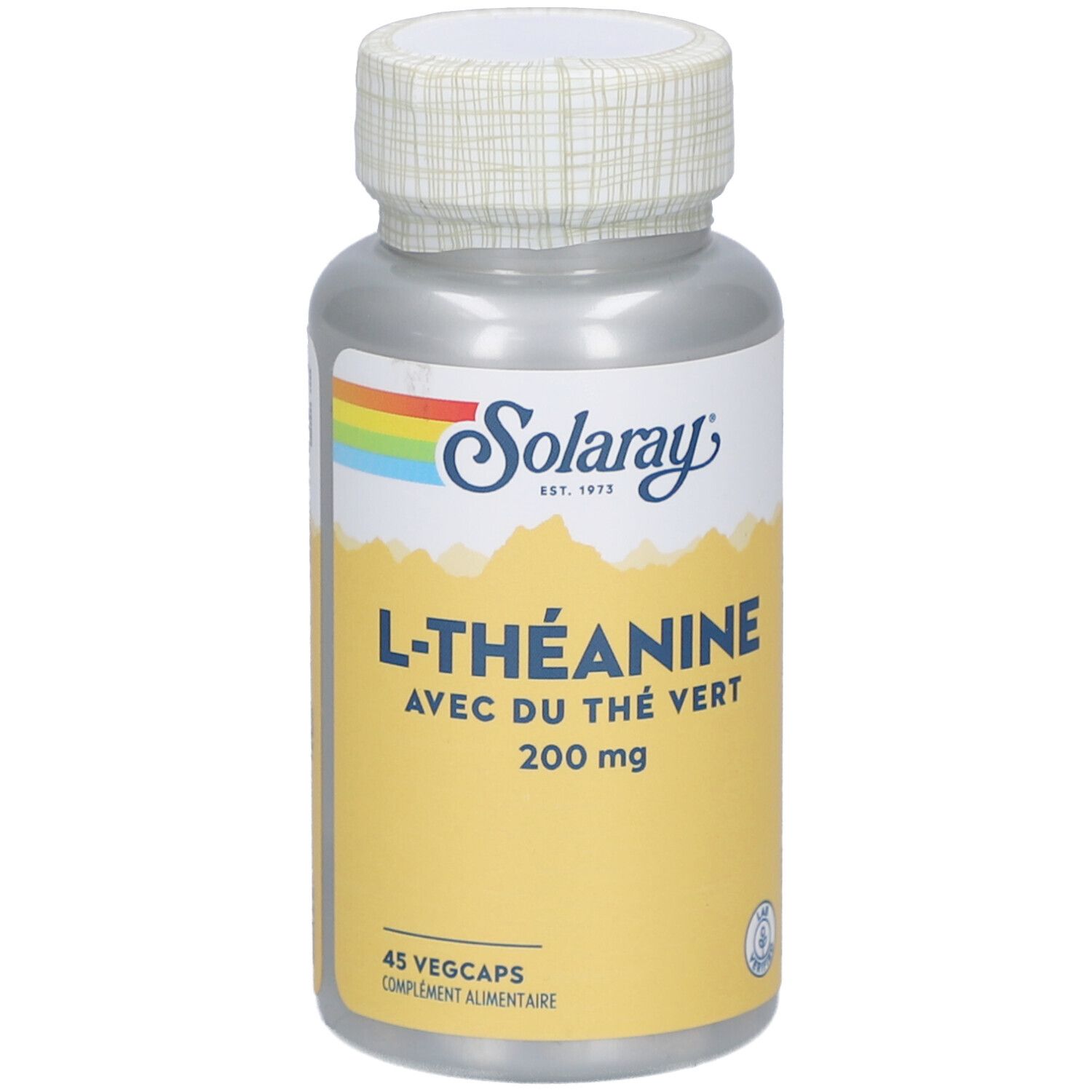 Flacon de SOLARAY L-Théanine 200mg. Contient 45 VegCaps. Inscription: L-Théanine 200 mg.