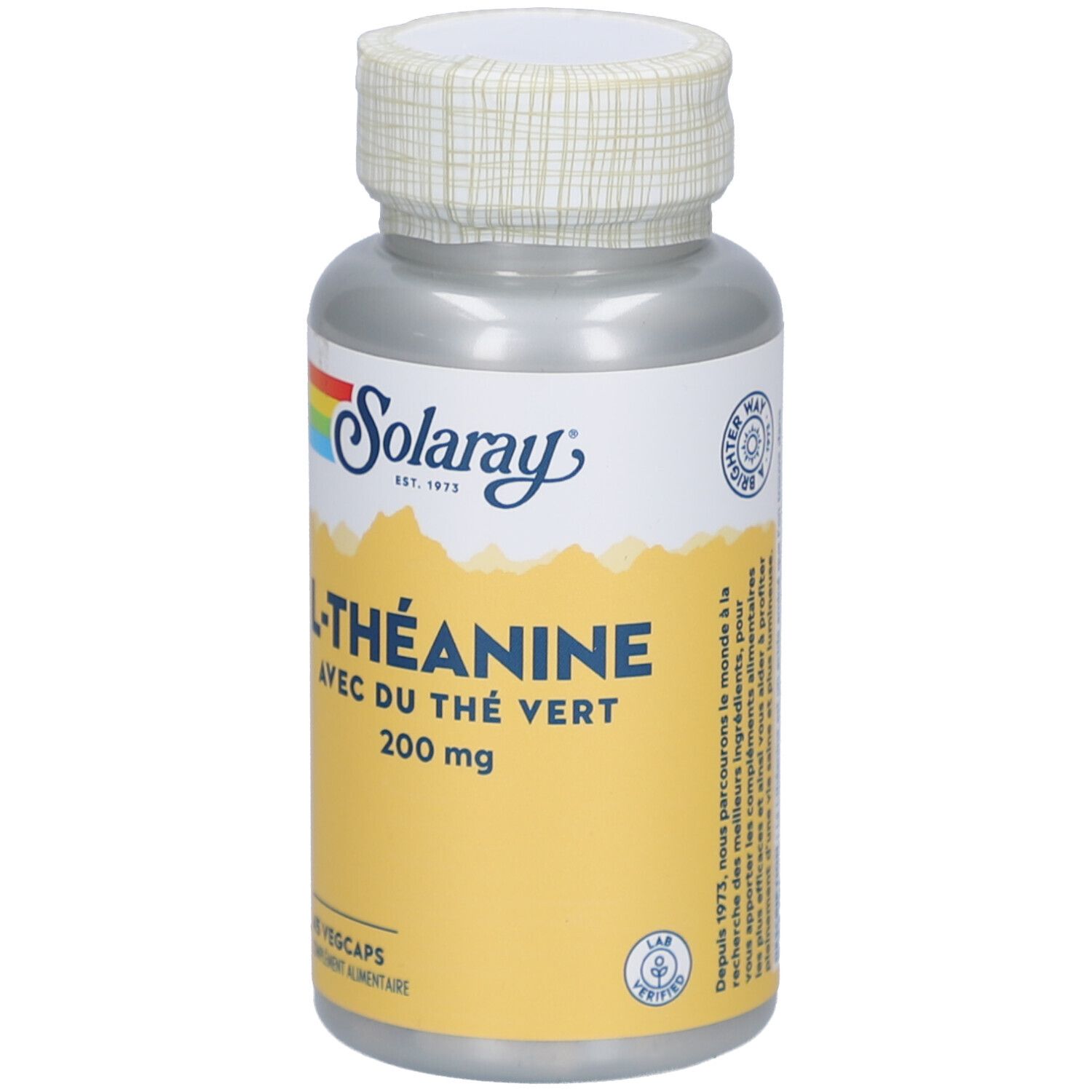 Flacon de SOLARAY L-Théanine 200mg. Contient 45 VegCaps. Inscription: L-Théanine 200 mg. Avec description.