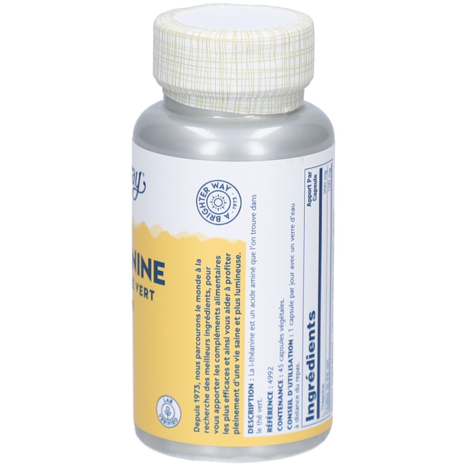 Flacon de SOLARAY L-Théanine 200mg. Contient 45 VegCaps. Inscription: L-Théanine 200 mg. Avec liste d'ingrédients.