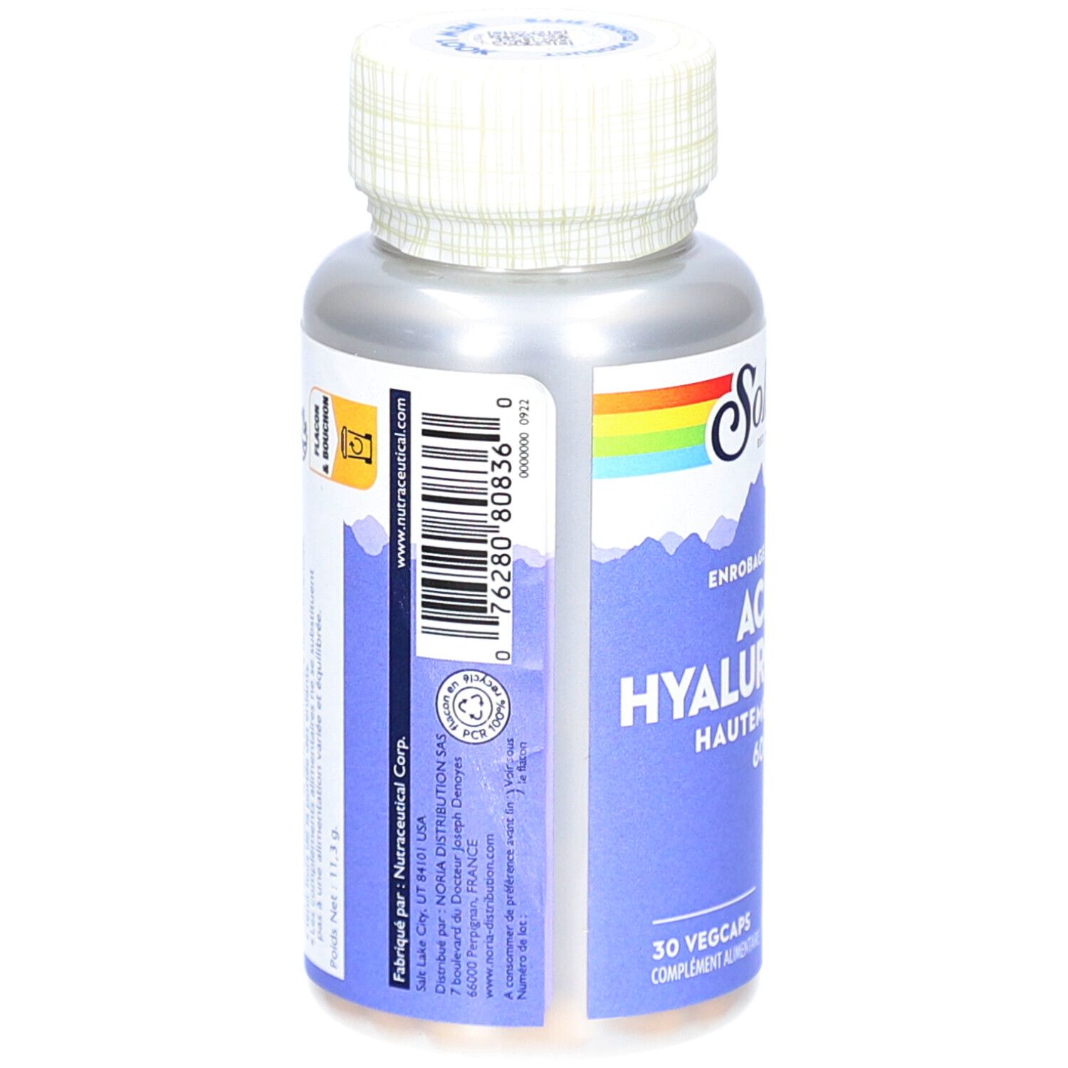 Rückseite der Flasche. Zeigt Informationen und Barcode. Marke Solaray und "Acide Hyaluronique".