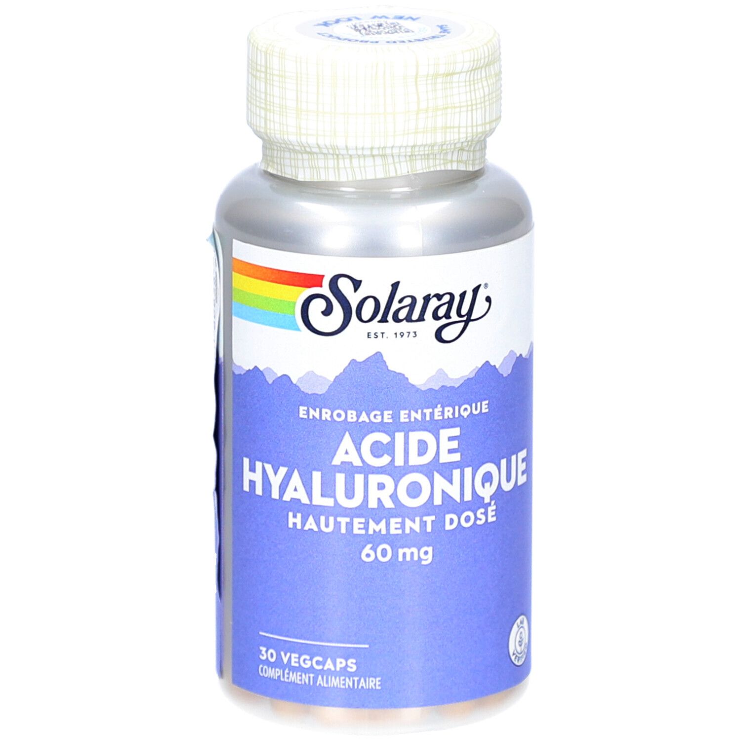 Silberne Flasche mit weißem Deckel. Auf dem Etikett steht "Solaray", "Acide Hyaluronique 60 mg" und "30 Vegcaps".