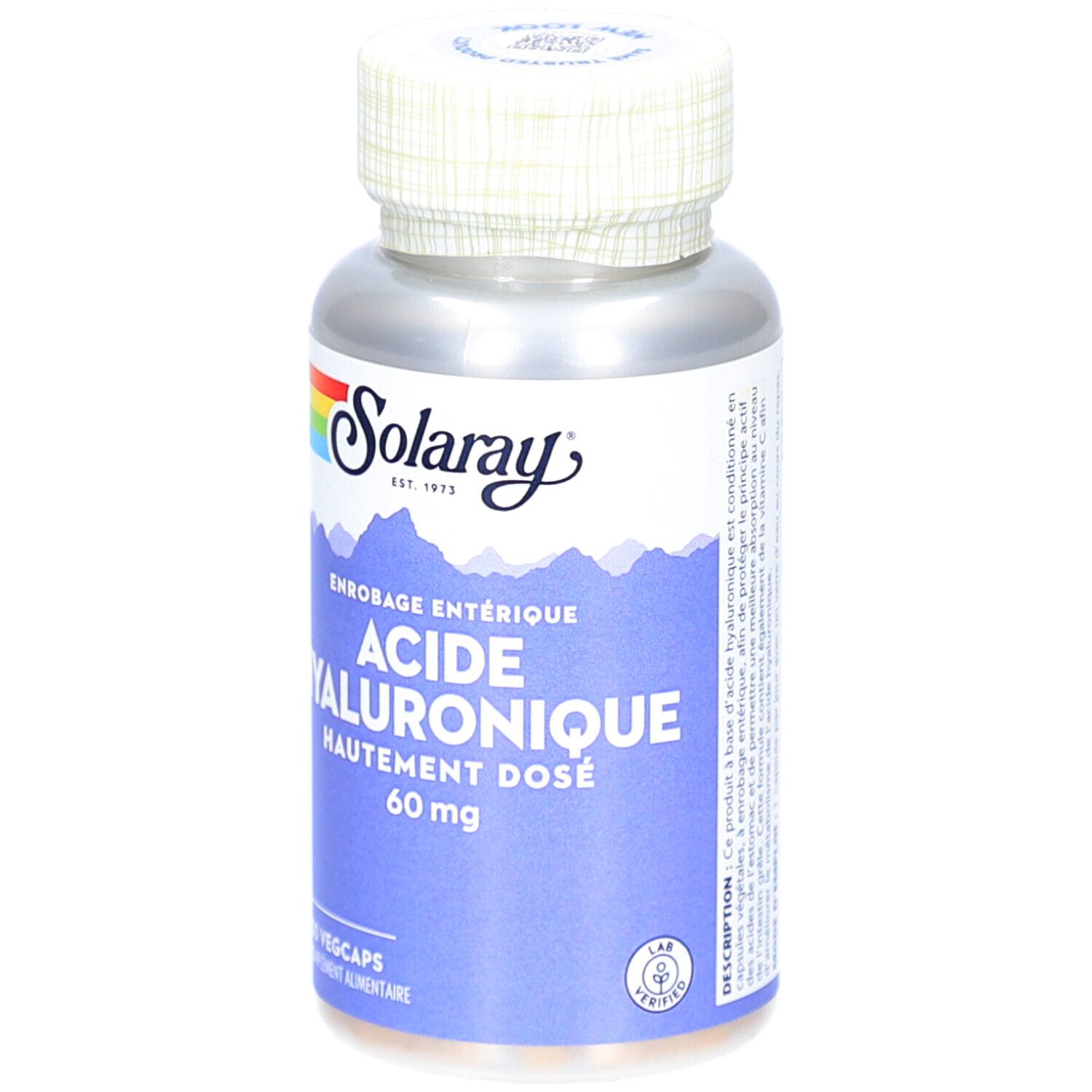 Silberne Flasche mit weißem Deckel. Etikett mit "Solaray", "Acide Hyaluronique 60 mg" und "30 Vegcaps".