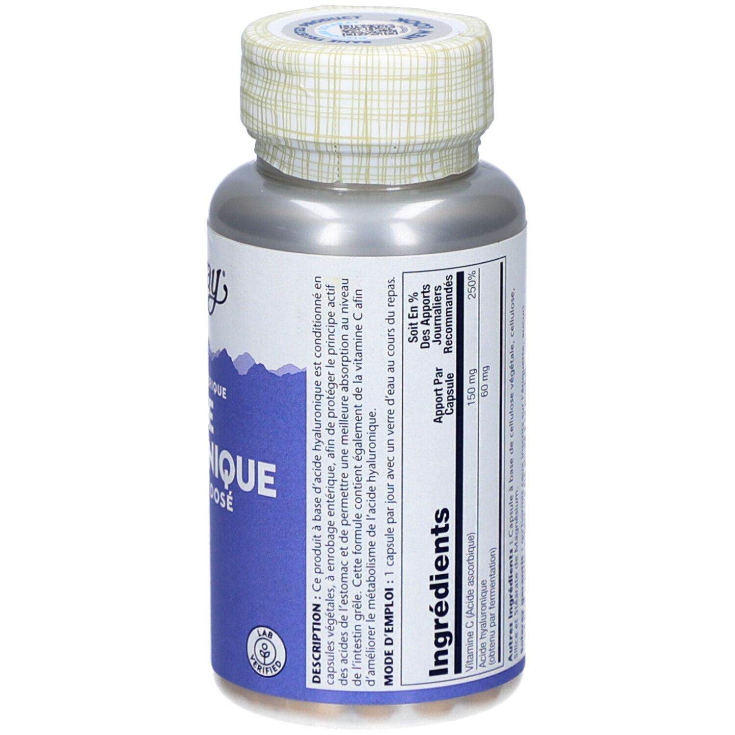 Rückseite der Flasche. Enthält Informationen über Inhaltsstoffe und Dosierung. Marke Solaray.