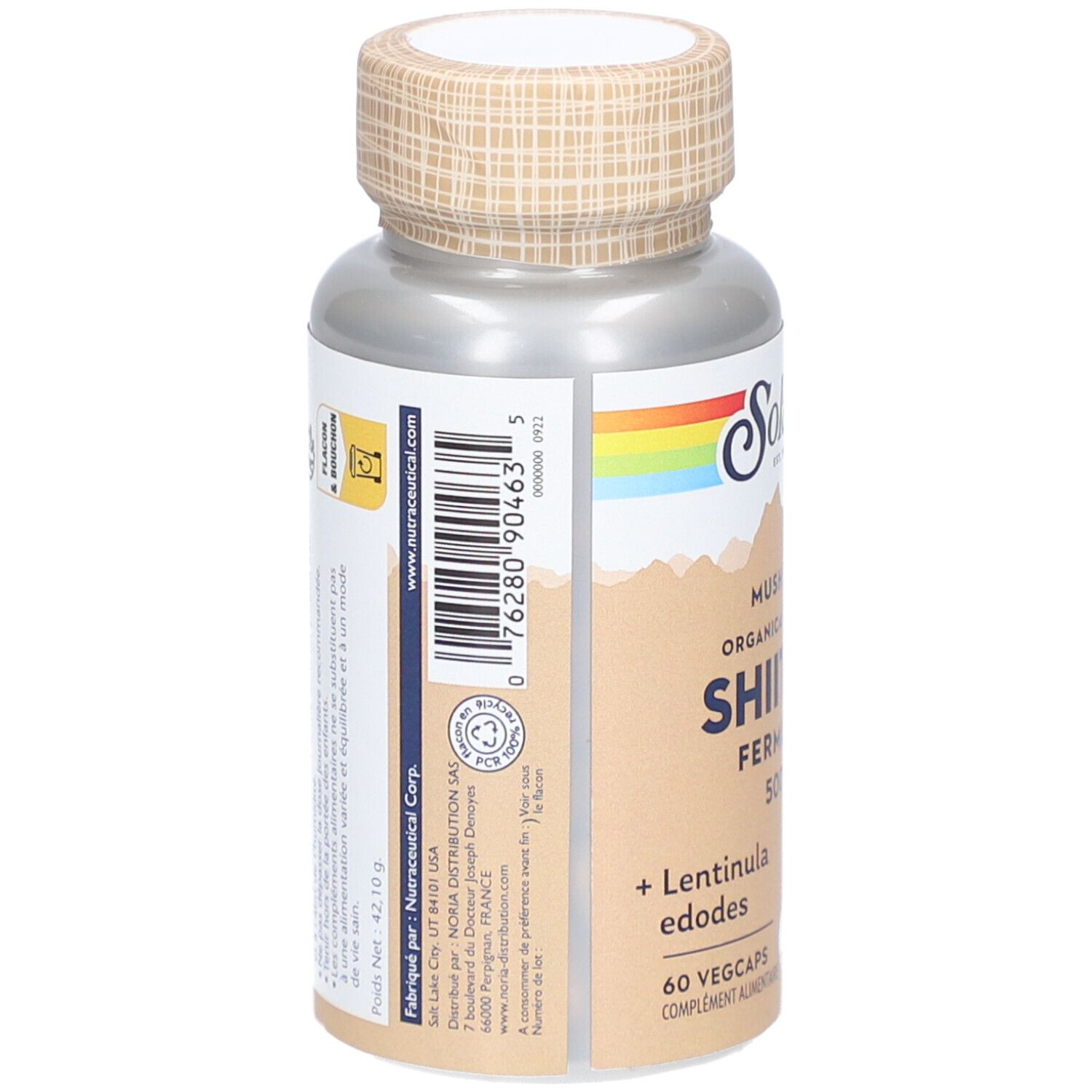 Dos du flacon. Inscription: Shiitake, 60 gélules végétales. Informations fabricant et code-barres.
