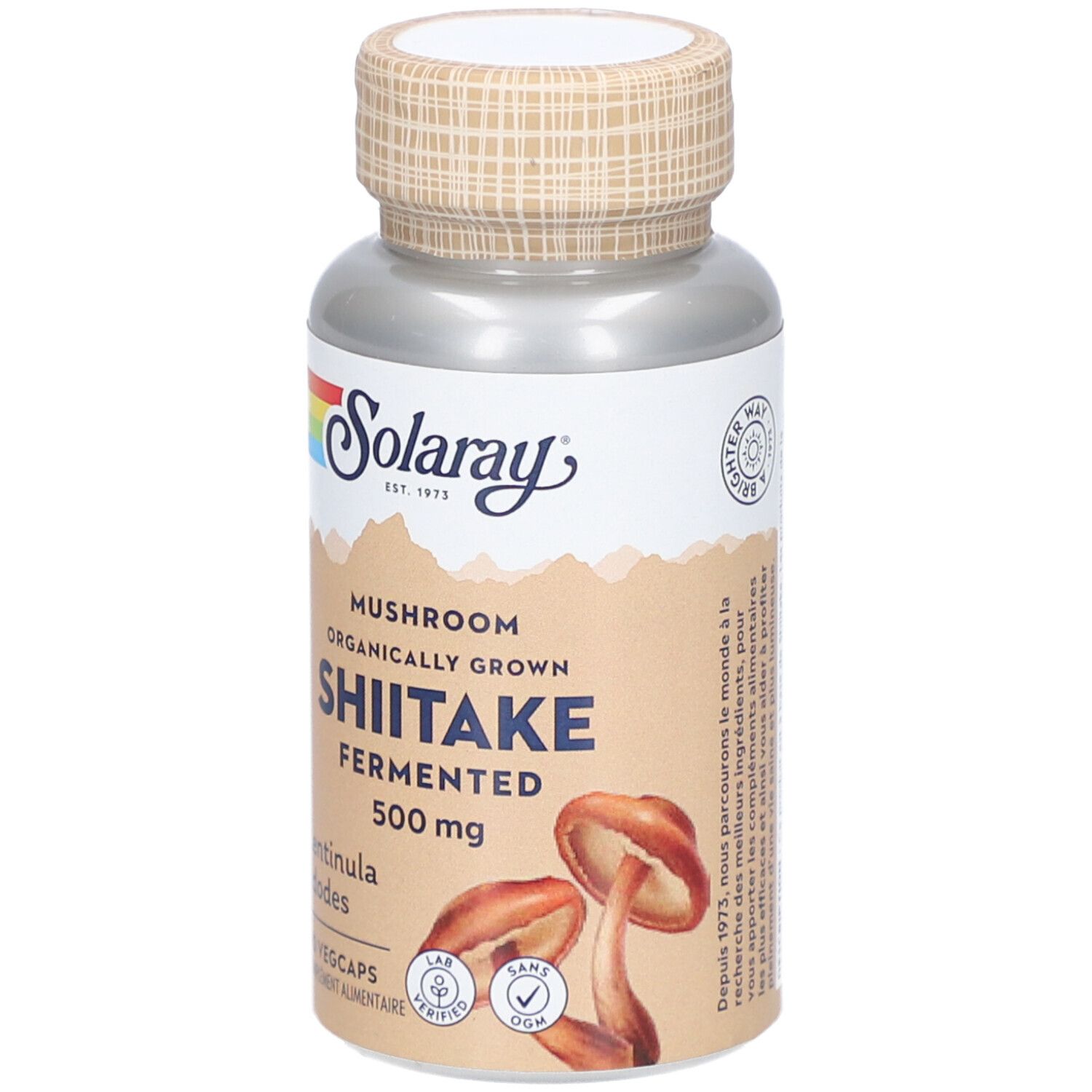 Flacon argenté, bouchon marron. Shiitake 500 mg, 60 gélules végétales. Marque Solaray.
